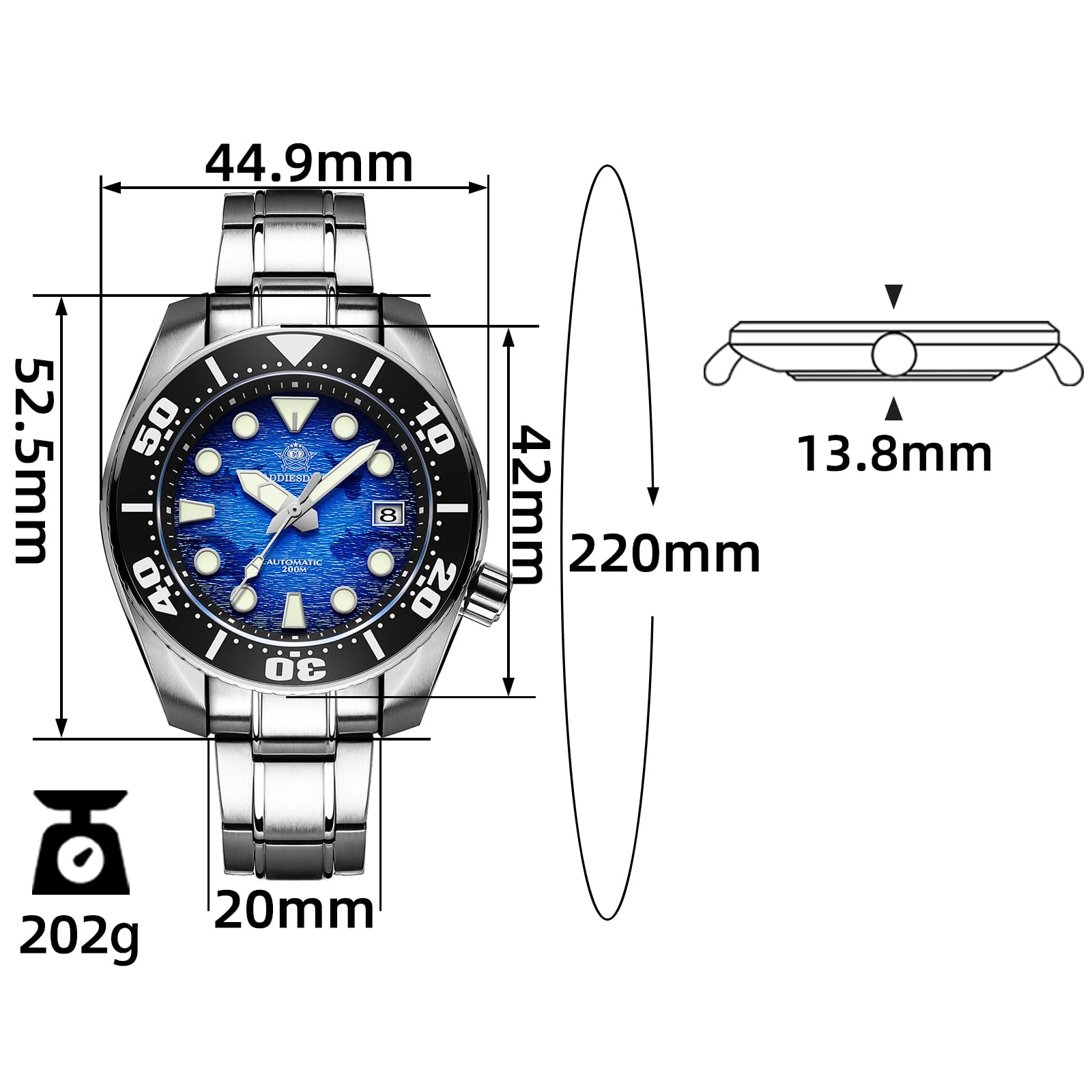ADDIESDIVE Men's Automatic Diving Watch 44.9mm Blue Wave Dial, 200M Waterproof, NH35A Movement, Stainless Steel Band - Perfect for Scuba Diving, Snorkeling & Water Sports