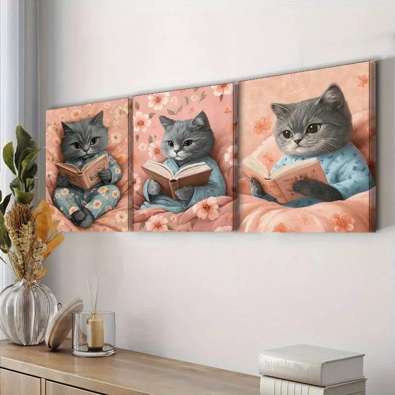 3-Piece Cat Reading Wall Art Set - Framed Canvas 50x70cm | High Quality Print | 100% Australian Made | Ready to Hang | Perfect for Living Room, Bedroom & Office Decor