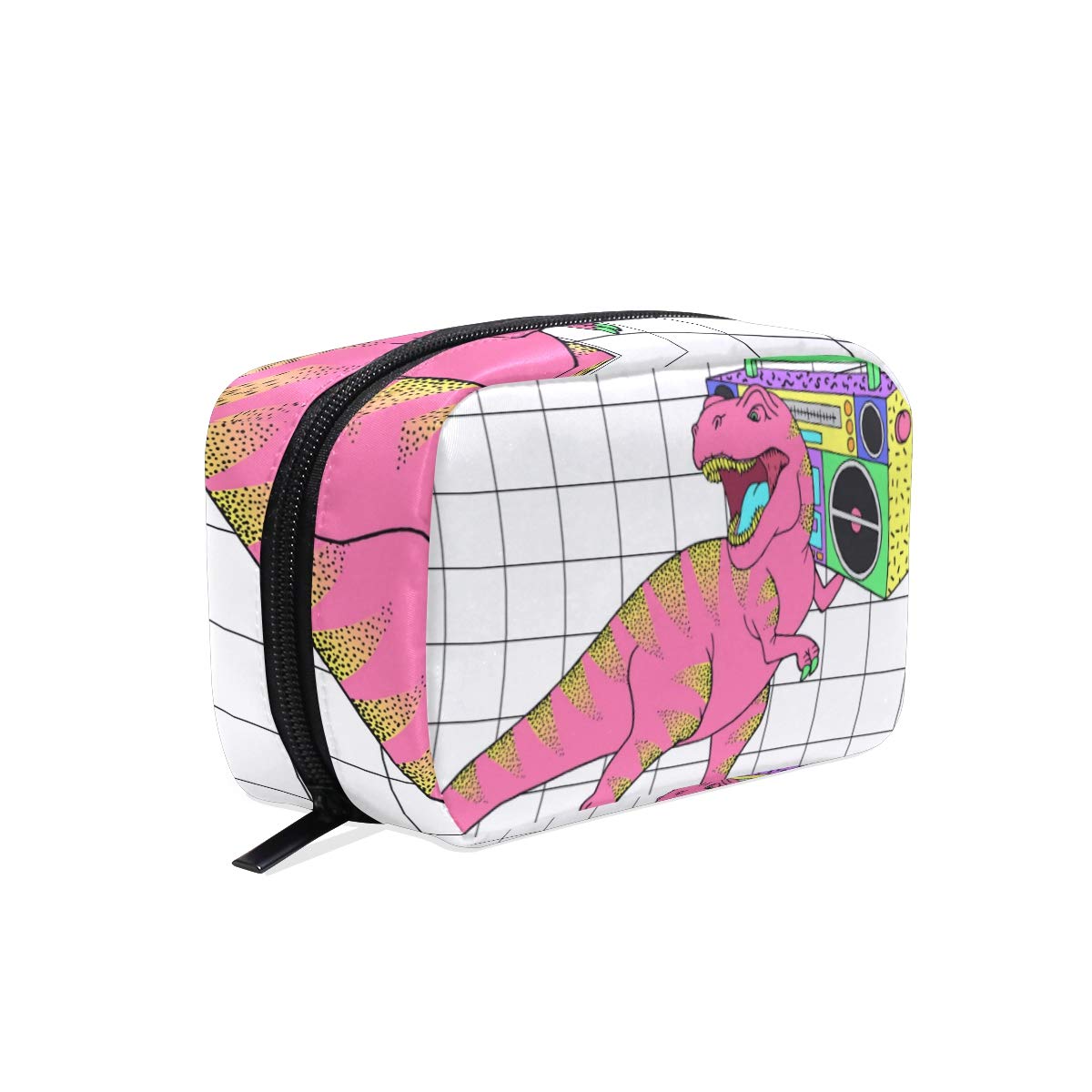 Retro 80s Style Makeup Bag for Women - Travel & Toiletry Organizer - Dinosaur Print Cosmetic Pouch for Daily Use & Trips