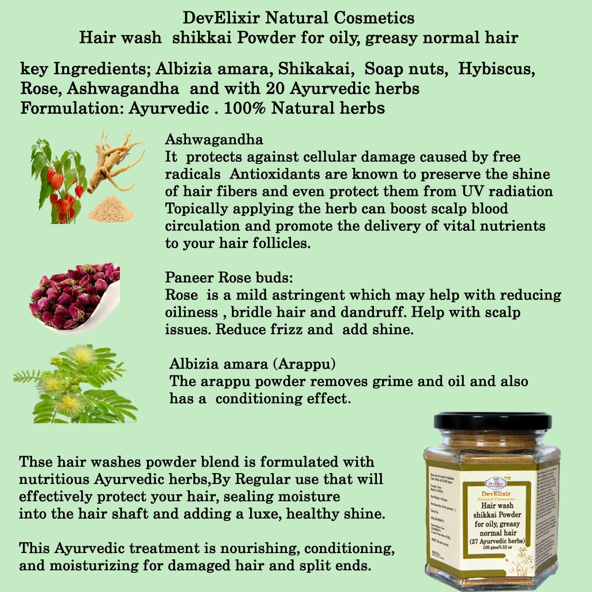 DevElixir Natural Ayurvedic Shikkai Hair Wash Powder - 27 Herbs for Oily, Greasy & Normal Hair - Gentle Cleansing for Healthy Scalp & Shiny Hair - Perfect for Daily Hair Care & Natural Detox