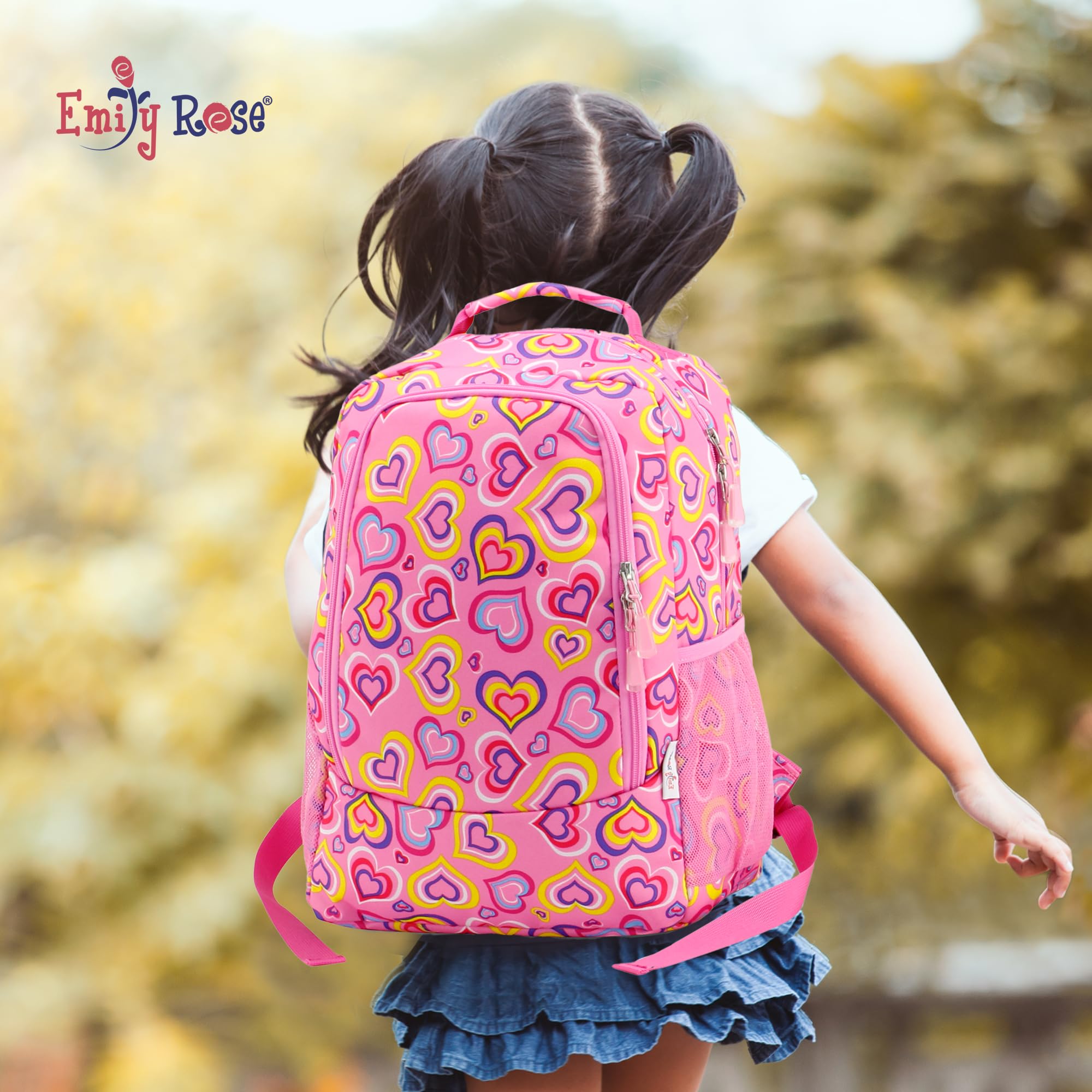Emily Rose Kids Backpack 16 Inch - School Bookbag for Elementary & Kindergarten Girls with Notebook & Pencils - Cute Playful Hearts Design - Perfect for School, Travel, Daycare & Outdoor Adventures