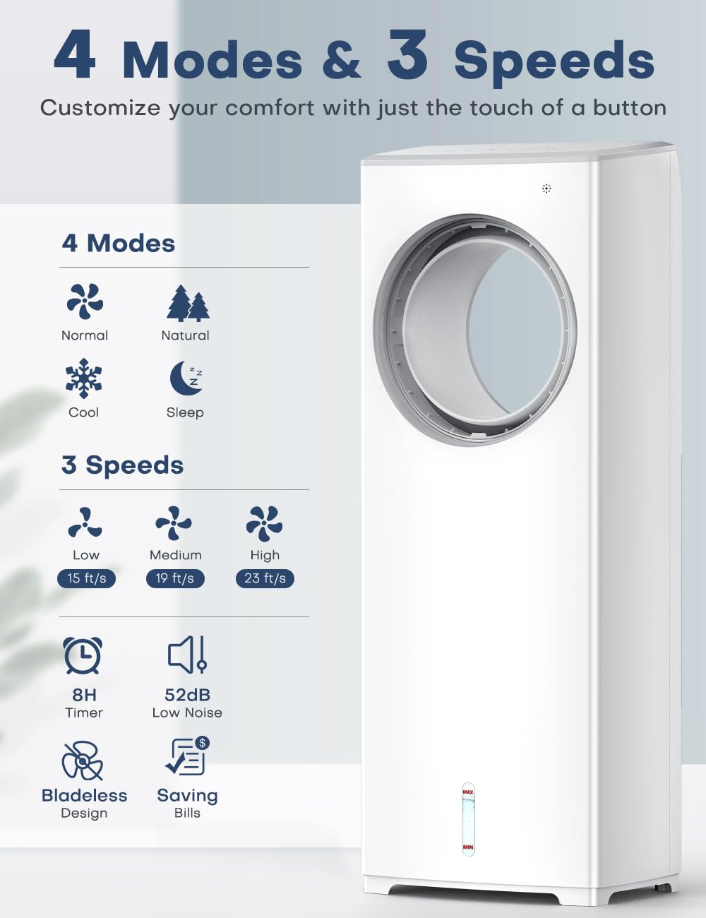 BALKO 1901R Portable Evaporative Air Cooler - White | Energy Efficient Cooling Fan for Home, Office & Outdoor Use | Perfect for Bedroom, Patio & Small Spaces
