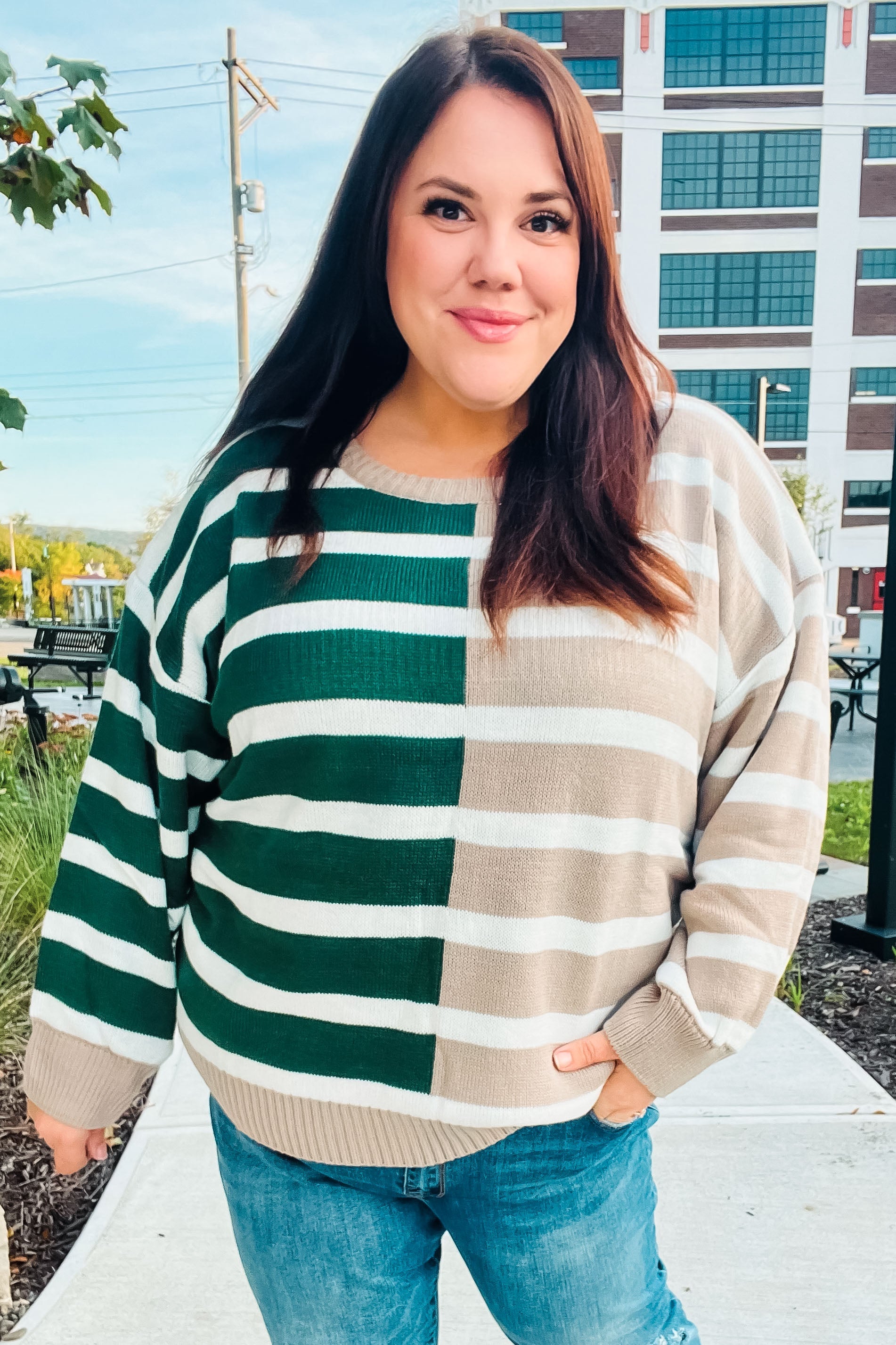 Hunter Green & Taupe Striped Color Block Sweater for Women | Cozy Knit Pullover | Fall Winter Fashion | Casual Office Wear & Weekend Outfits