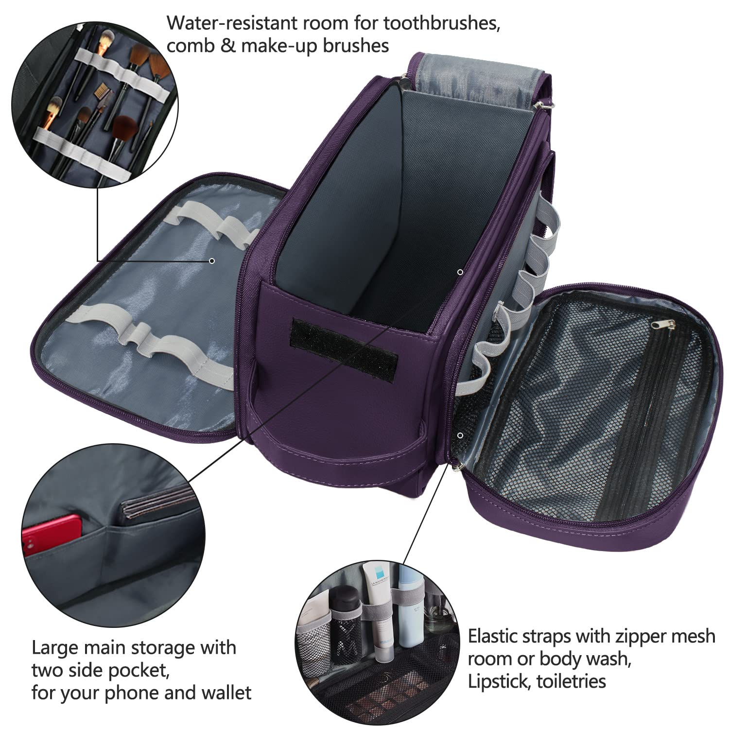 Buruis Large Waterproof Travel Toiletry Bag for Men & Women - PU Leather Cosmetic Organizer, Dopp Kit & Shaving Bag for Bathroom Essentials (Purple) - Perfect for Business Trips, Vacations & Gym Use