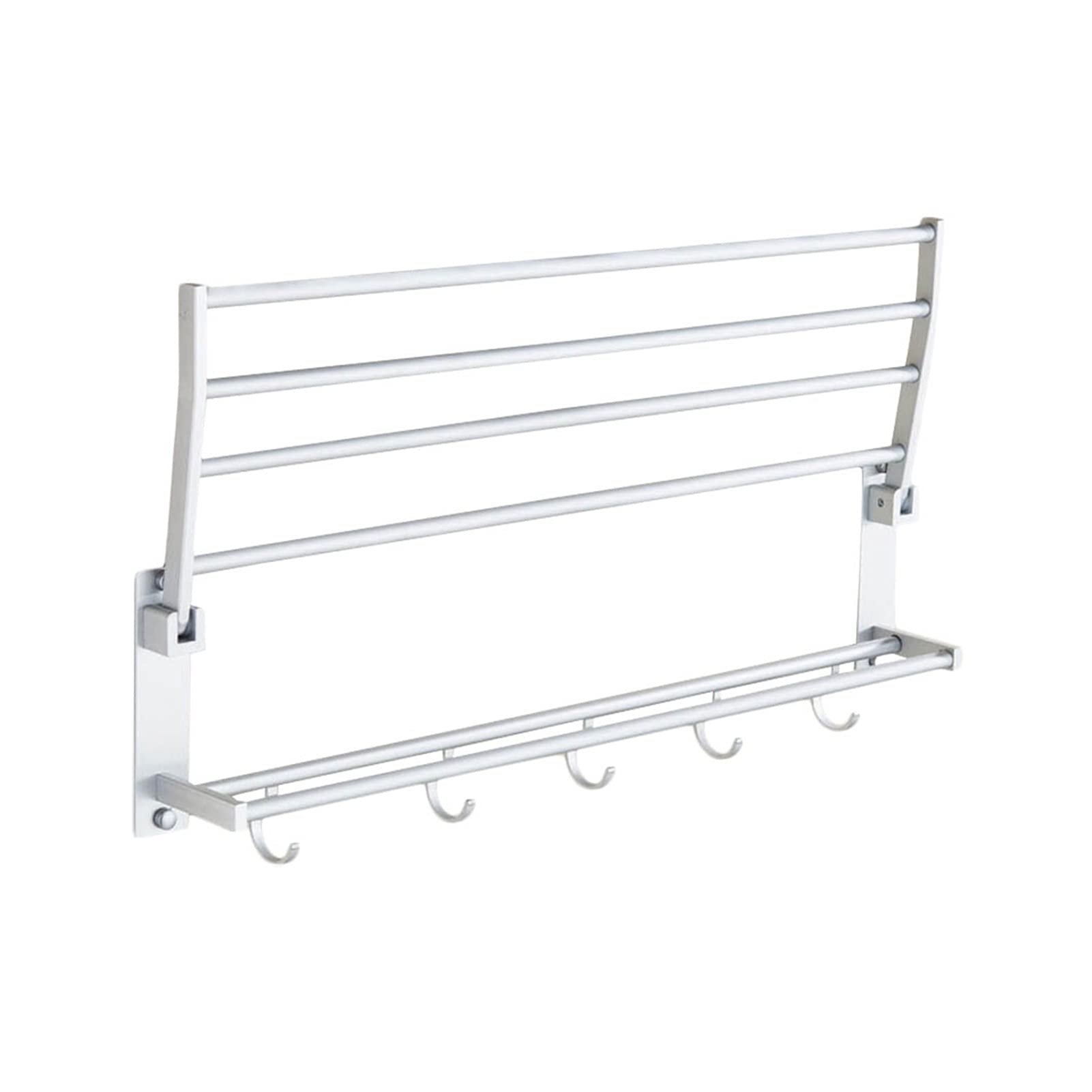 Foldable Aluminum Double Towel Rack with 5 Hooks - 40/50/60cm Space-Saving Bathroom & Kitchen Shelves for Towels & Accessories (50cm, Silver) - Perfect for Small Bathrooms, Apartments, and Laundry Rooms