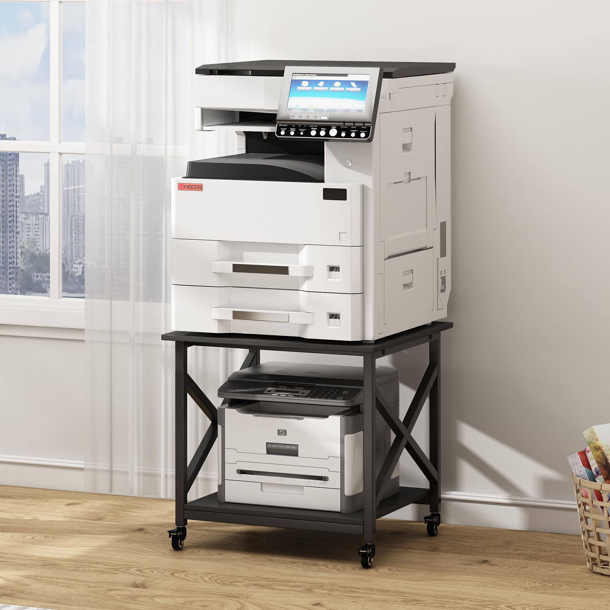 2 Tier Large Printer Stand with Storage Shelf - 23.6 x 23.6 x 22.6 Inches Rolling Printer Cart with Industrial Wheels, Heavy Duty Square Printer Table for Home Office, Mini Fridge Stand - Black | Perfect for Workspace Organization & Small Appliance Storage