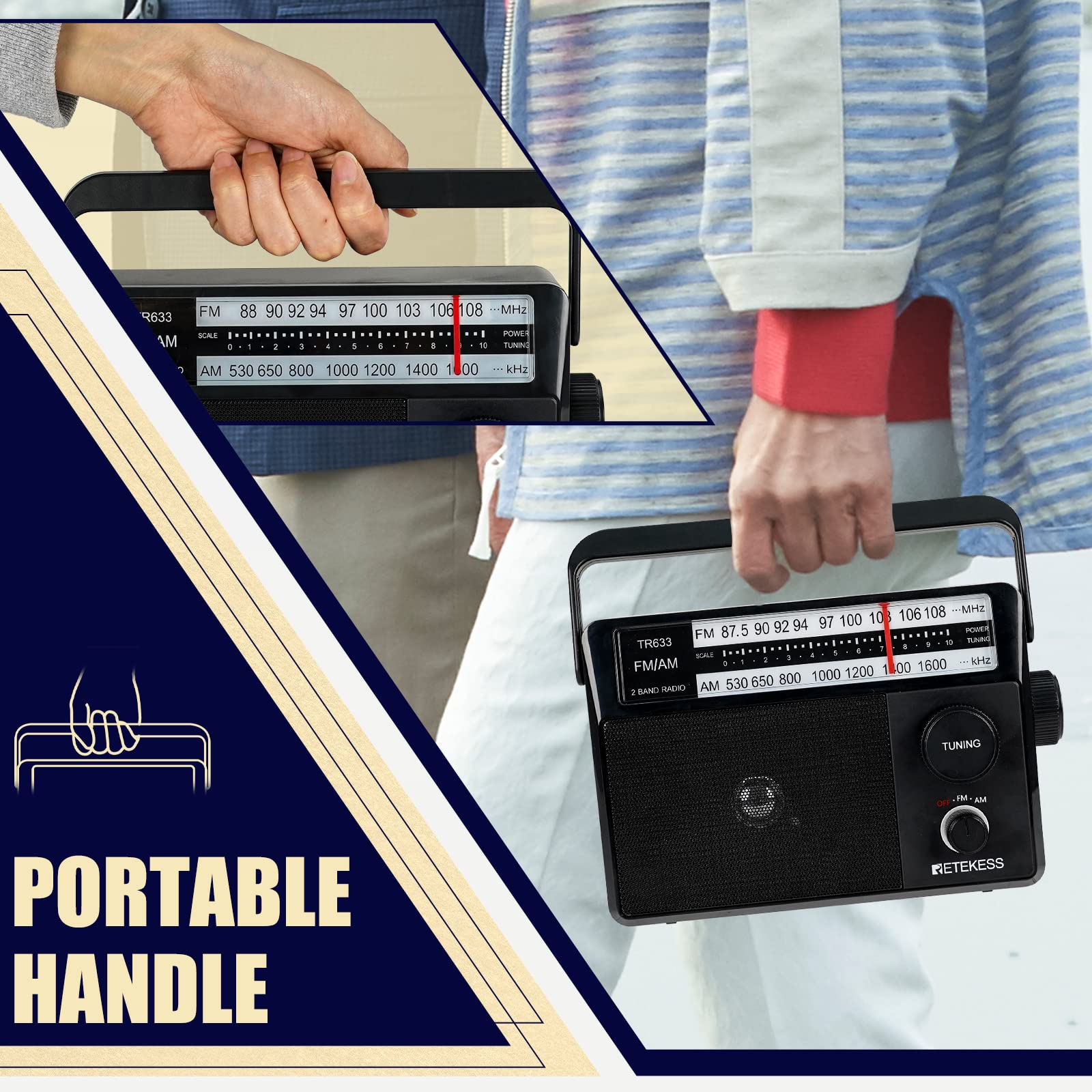 Retekess TR633 AM FM Portable Radio with Best Reception - Battery or AC Powered, External Antenna Jack, Wall Plug - Ideal for Seniors, Home Use, Emergency, Camping & Outdoor Activities