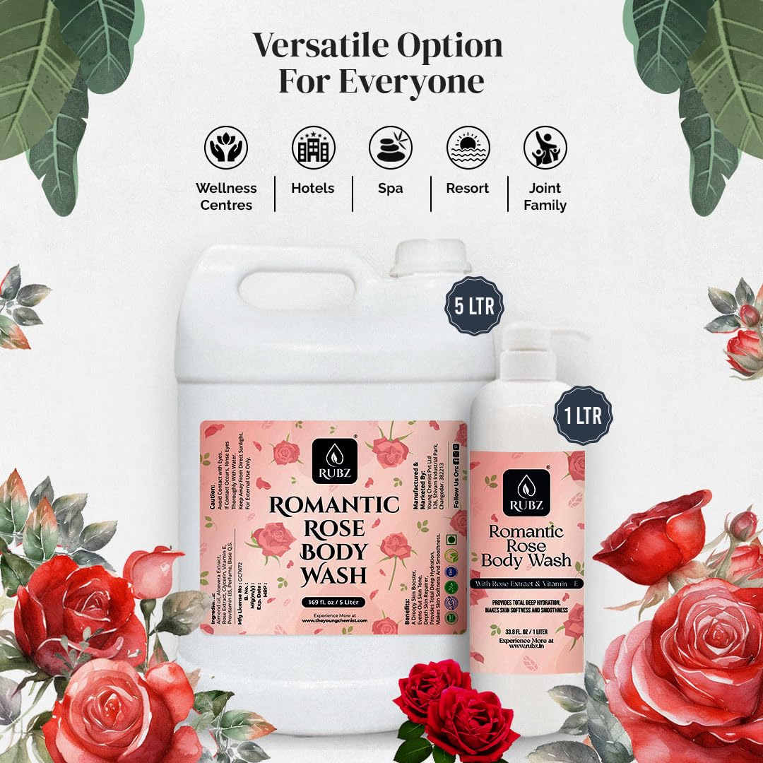 Rubz Romantic Rose Body Wash - Glycerin Enriched, Long-Lasting Fragrance | Soap-Free, Paraben-Free & SLS-Free Shower Gel for Women & Men (1L) | Perfect for Sensitive Skin & Daily Hydration