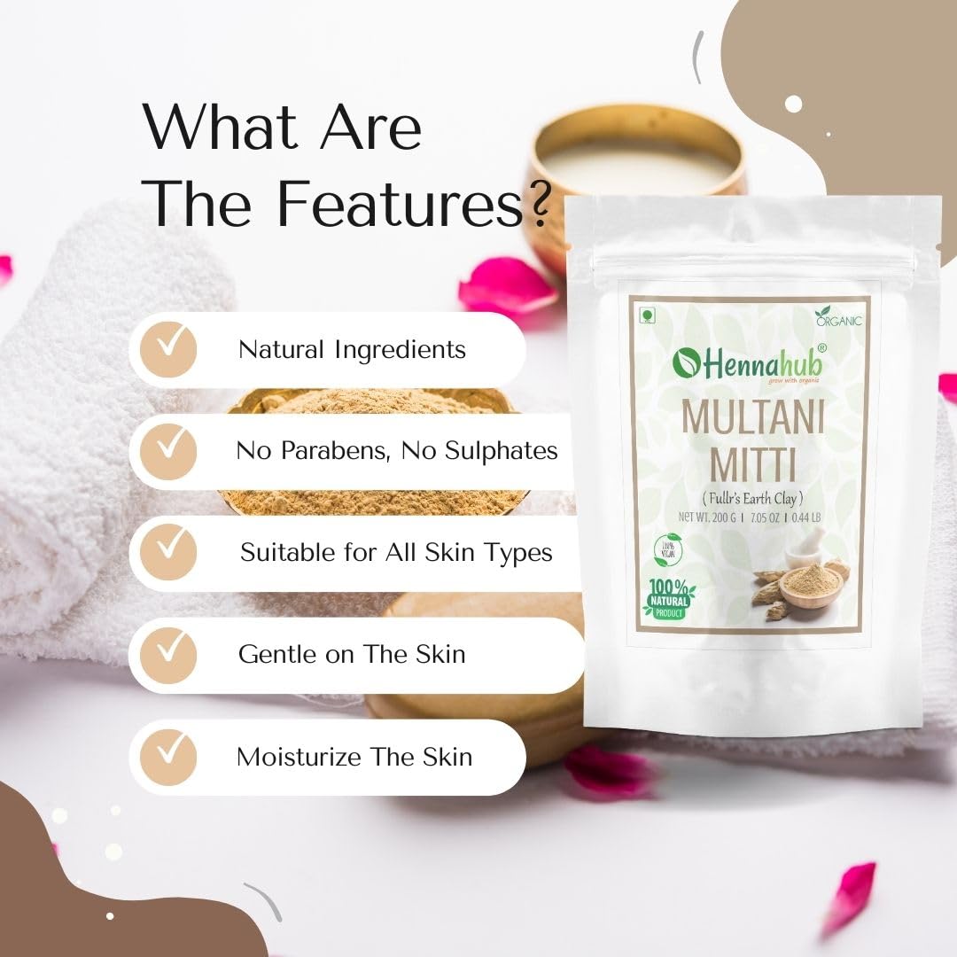 **HENNAHUB Pure Herbal Multani Mitti (Fuller's Earth) 1 KG - Natural Clay Face Mask with Rose Water 100ml for Glowing Skin - Perfect for Acne, Oil Control & Detox at Home**
