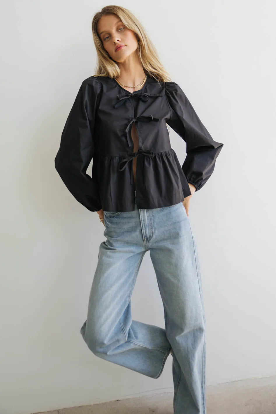 Elegant Maggie Peplum Tie Blouse in Black - Women's Fashion Tops for Work & Evening Out | FINAL SALE