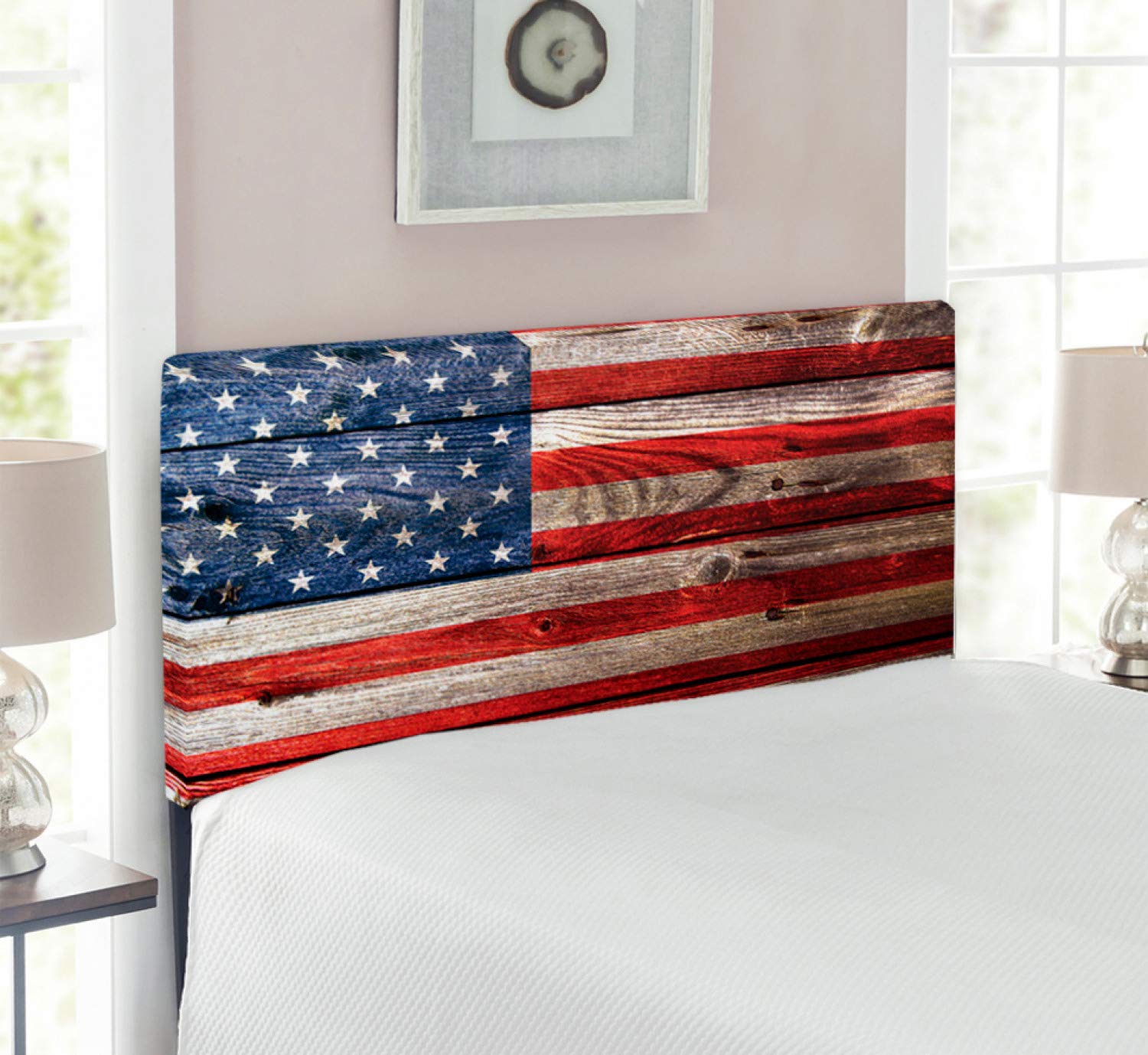 Ambesonne USA Upholstered Headboard - Twin Size, Red Blue Tan, Weathered Retro Wood Wall Design with Memory Foam | Patriotic Fourth of July Independence Day Country Emblem | Perfect for Bedroom Decor, Guest Rooms & Holiday Themed Spaces