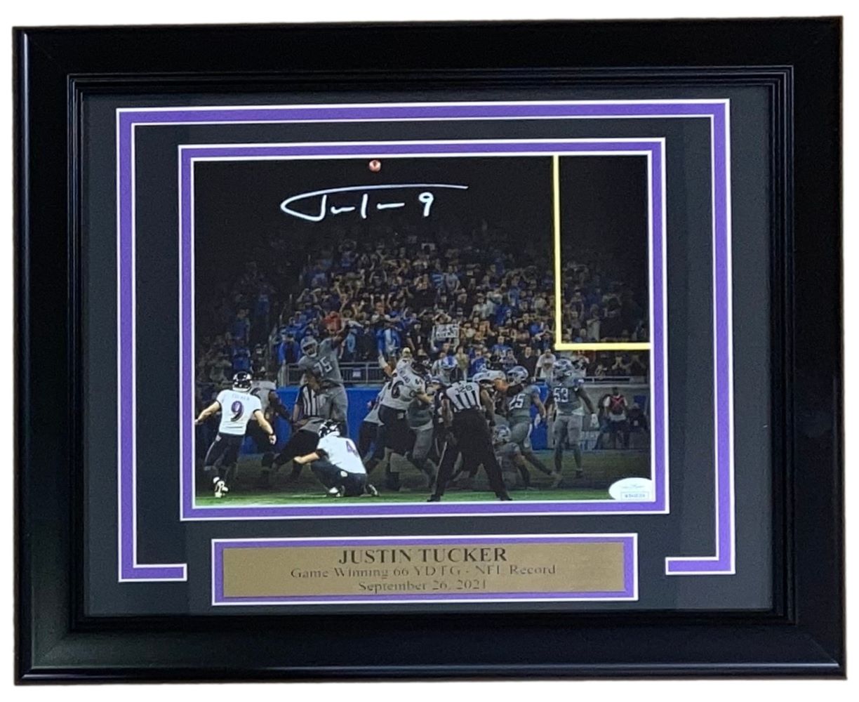 Justin Tucker Autographed Framed 8x10 Photo - Baltimore Ravens NFL Record Field Goal Kick - JSA Certified - Perfect for Sports Memorabilia Collections & Man Cave Decor