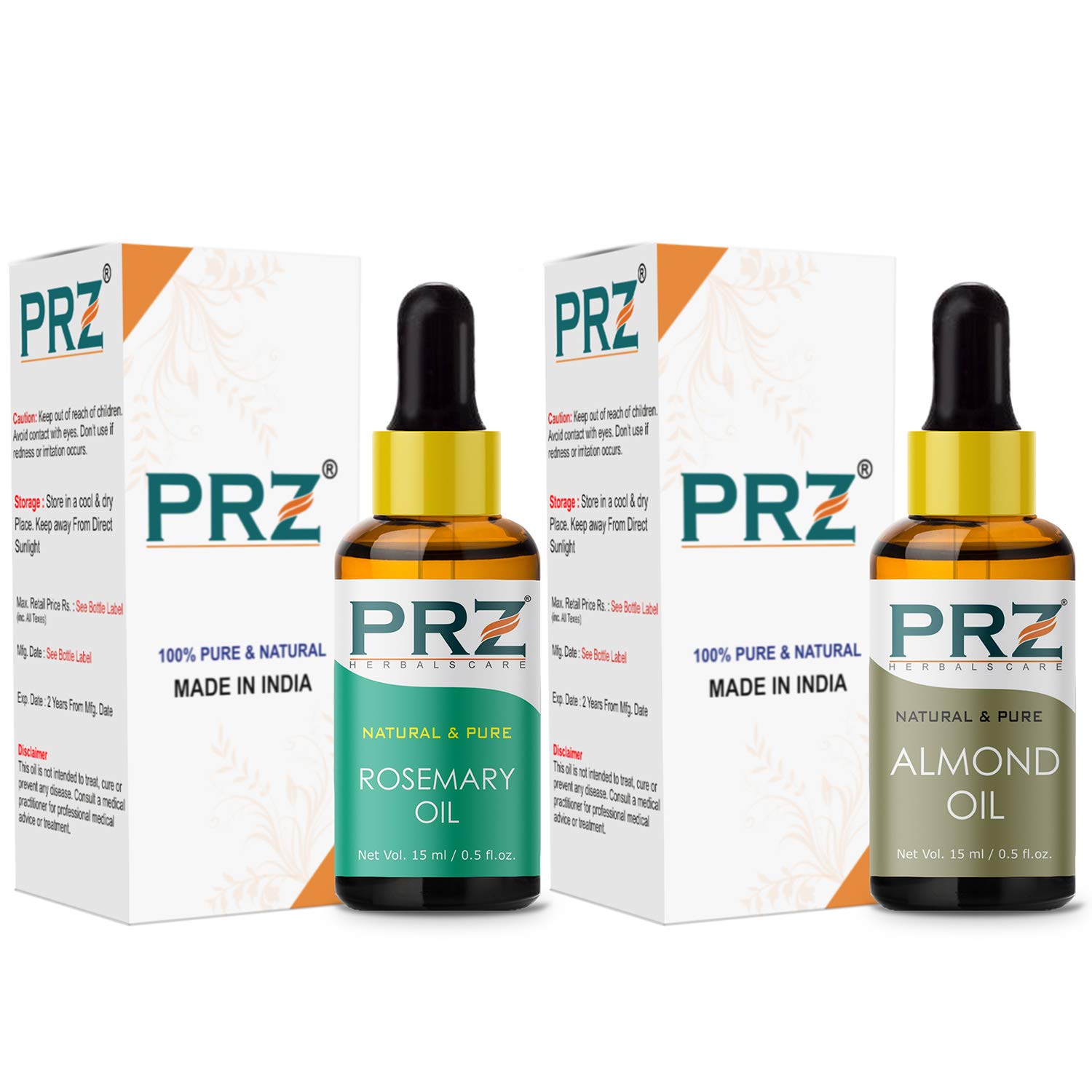 PRZ Rosemary Essential Oil & Cold Pressed Almond Carrier Oil Set - 100% Pure Natural Therapeutic Grade for Aromatherapy, Massage, Skin & Hair Care (15mL Each) | Perfect for DIY Beauty, Relaxation & Holistic Wellness