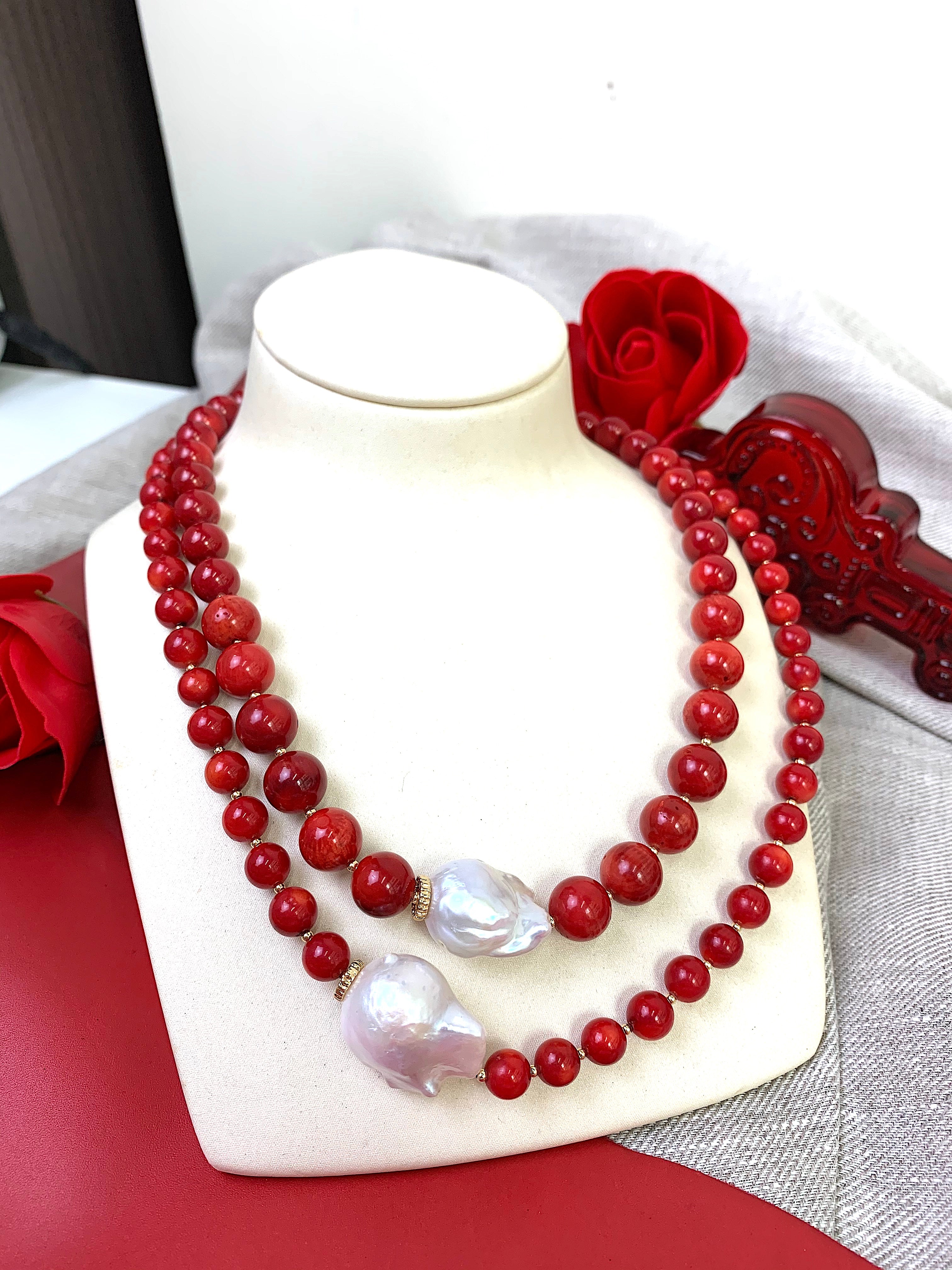 Red Coral and Baroque Pearls Double Strand Necklace EN036 | Elegant Jewelry for Women, Perfect for Weddings, Parties, and Special Occasions