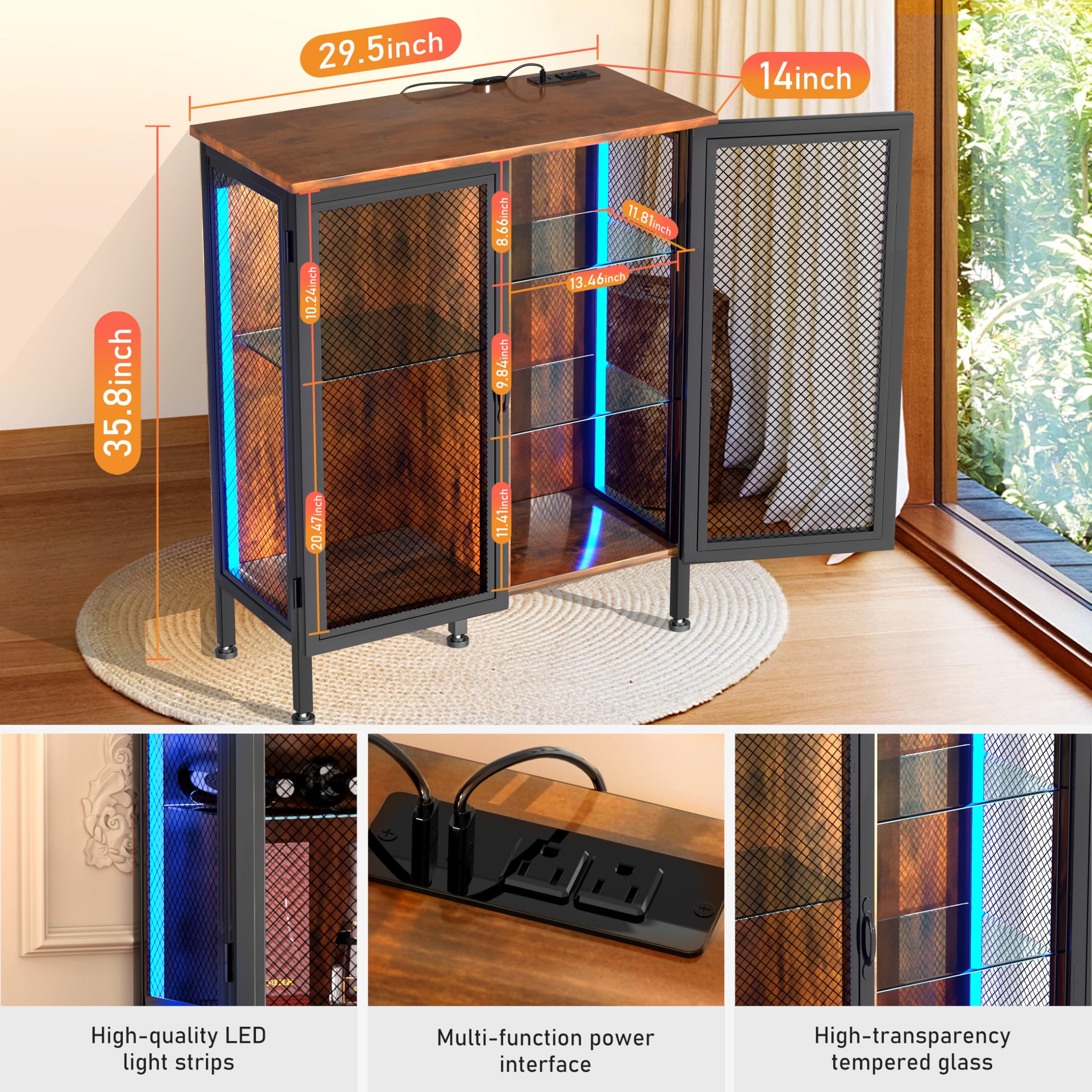 Modern Wine Bar Cabinet with LED Lights & Glass Shelves - Storage Cabinet for Liquor, Coffee & Kitchen Essentials - Perfect for Farmhouse Dining Room & Home Entertaining