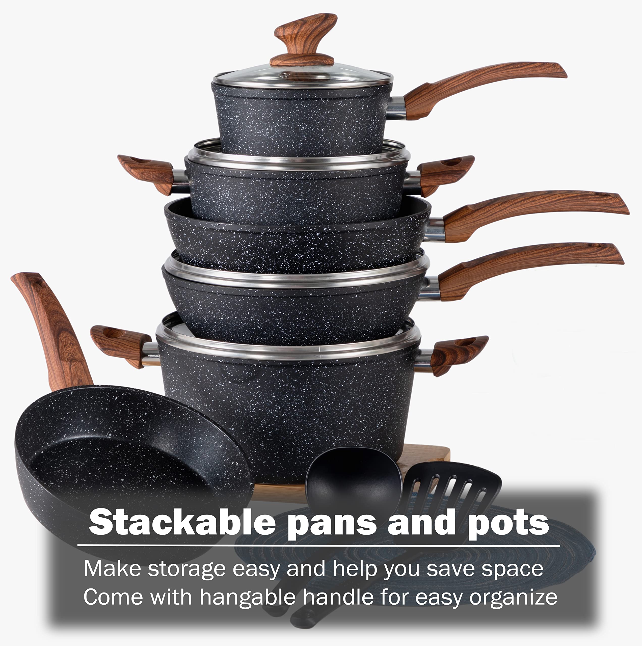Kitchen Academy Induction Cookware Sets - 12 Piece Nonstick Pots and Pans Set, Granite Black Coating for Gas & Electric Stoves | Perfect for Sauteing, Boiling & Frying in Modern Kitchens