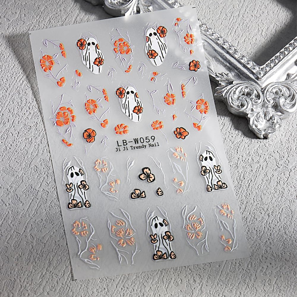 Halloween Nail Stickers - 5D Embossed Ghost & Skull Floral Nail Decals - Self-Adhesive Nail Art Supplies for Women & Kids - 2PCS - Perfect for Halloween Parties, Costume Nails & Spooky Manicure Decorations