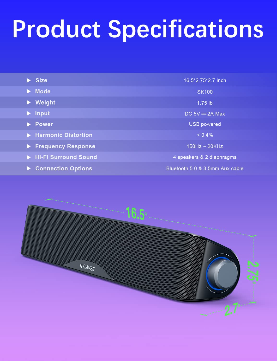 HiFi Sound Quality Computer Sound Bar - USB Powered PC Speakers with Bluetooth 5.0 & 3.5mm Aux-in for Desktop, Laptops, PCs, Phones, Tablets, Xbox - Ideal for Gaming, Home Office, and Entertainment