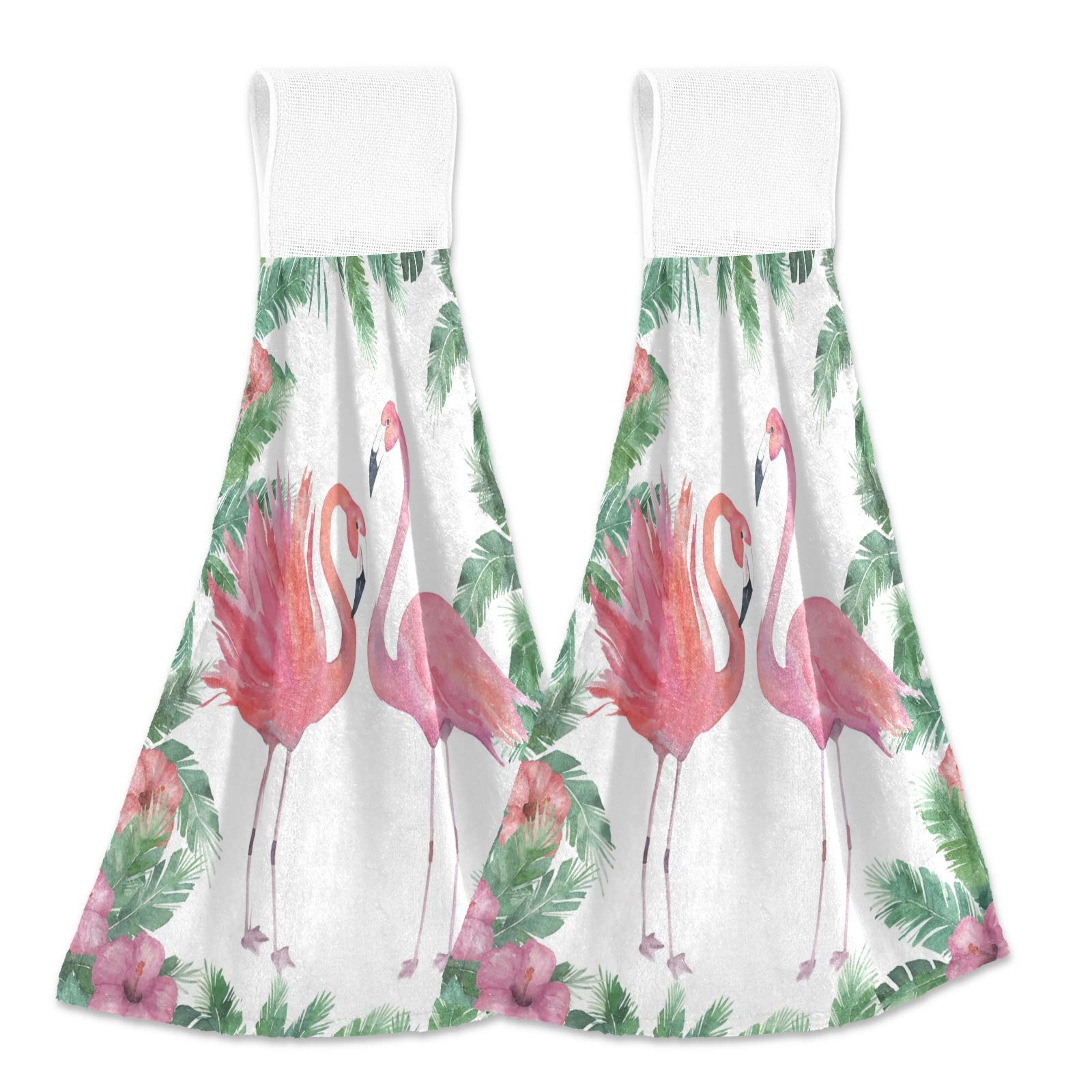 Blueangle Set of 2 Tropical Palm Tree Flamingo Hanging Kitchen Towels - Absorbent Soft Coral Velvet Dish Cloths for Kitchen & Bathroom - Perfect for Drying Dishes, Wiping Countertops, and Adding Coastal Decor