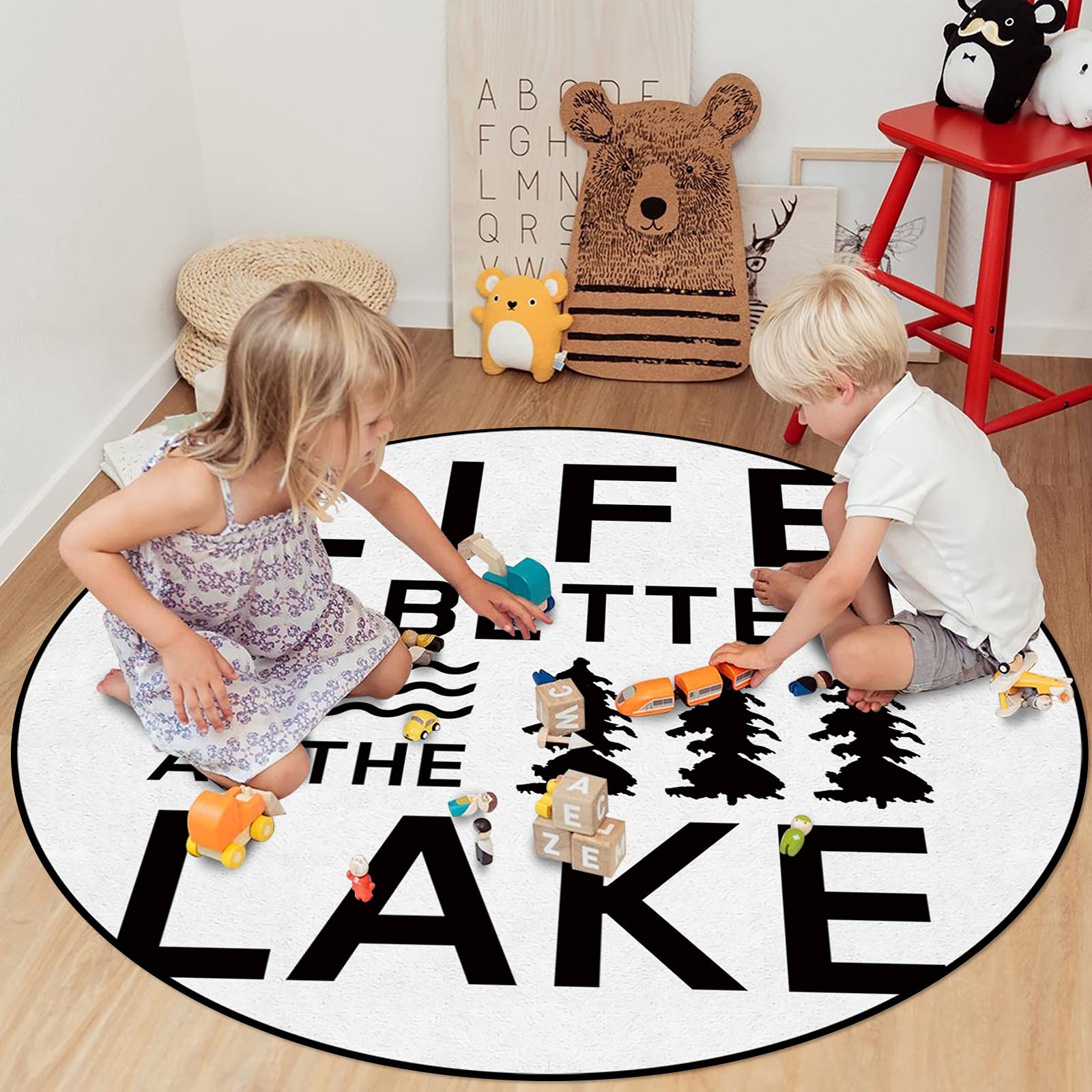 Savannan 5 ft Round Non-Slip Area Rug - Soft Sponge Accent Carpet for Living Room, Bedroom, Dorm Decor - Lake Summer Theme - Perfect for Cozy Home, Vacation House & Lakeside Cabin Decor