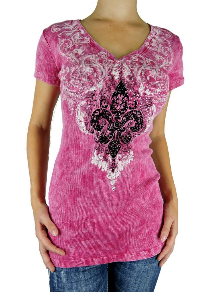 SugarRock Women's Crystal Fleur Tattoo Print Short Sleeve Shirt - Mineral Wash Vintage Style Top for Casual Wear, Summer Outfits & Boho Fashion