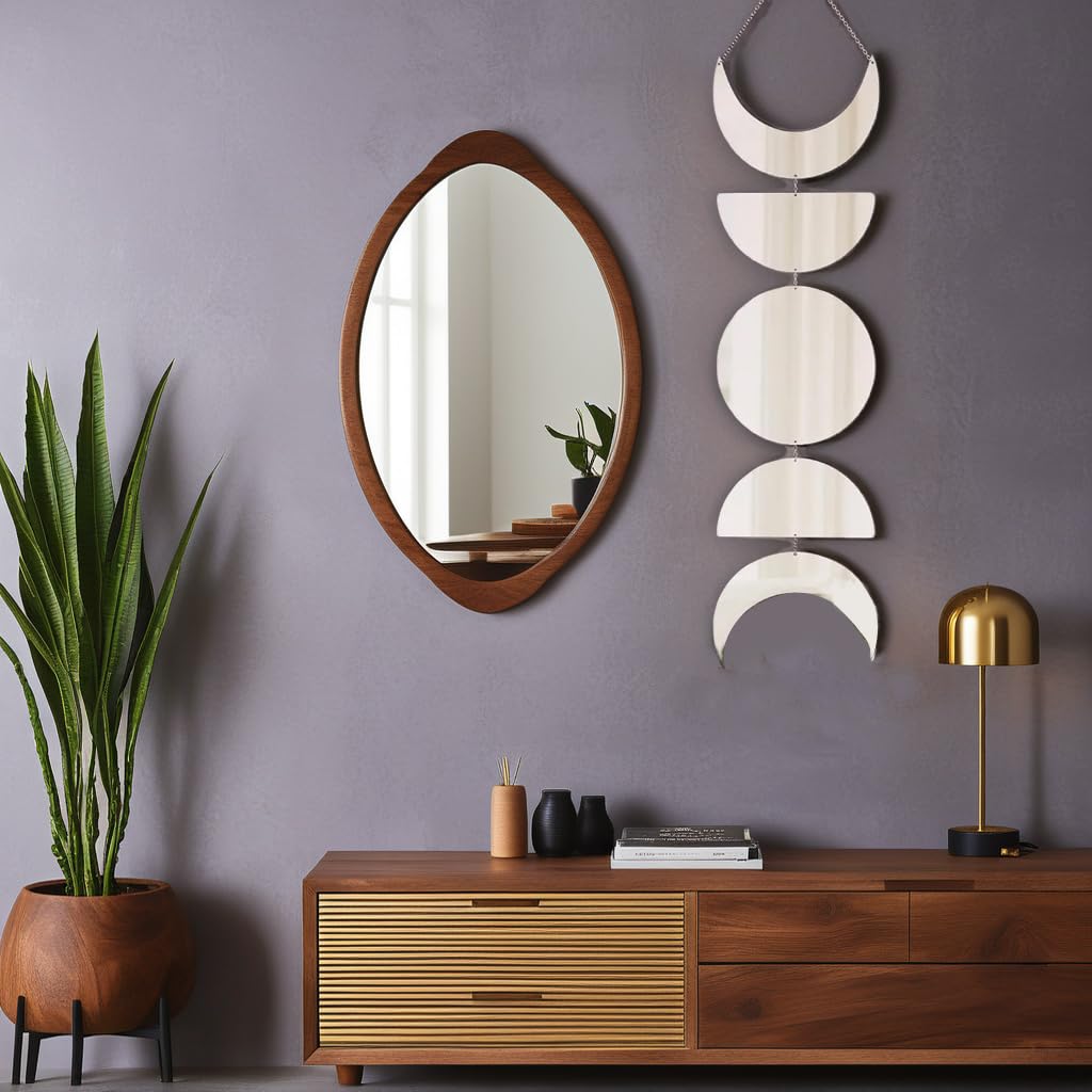GUAN Moon Phase Wall Mirror - Acrylic Bohemian Decor for Bedroom & Living Room - Unique Aesthetic Moon Cycle Art - Silver - Perfect for Home Decor, Yoga Spaces & Meditation Rooms