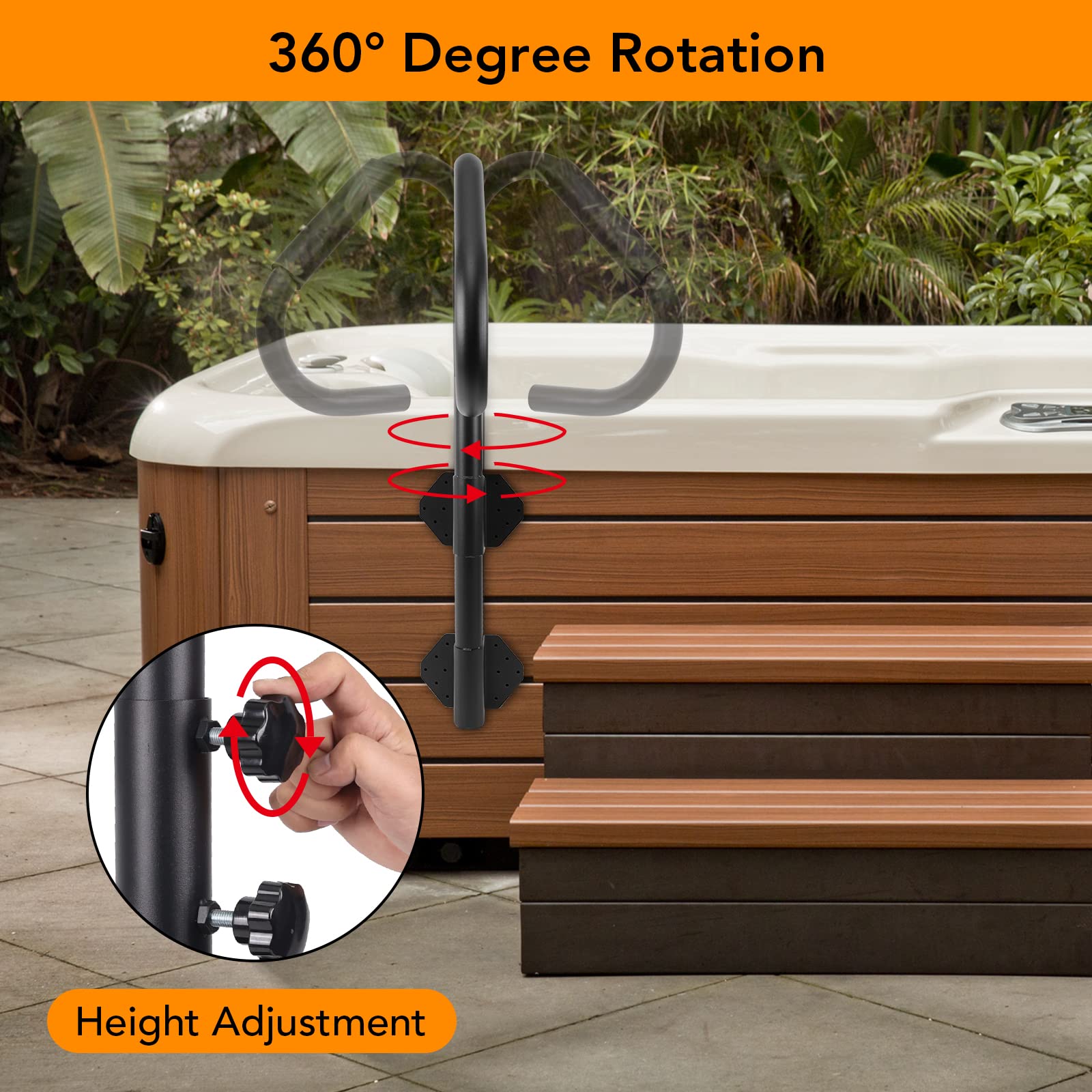 GARVEE 1Pack 600LBS Capacity Hot Tub Handrail - 48H Safety Handrail with 360° Rotatable & Adjustable Height for Spa, Pool, and Bathtub - Non-Slip Stationary Support for Elderly & Disabled Users
