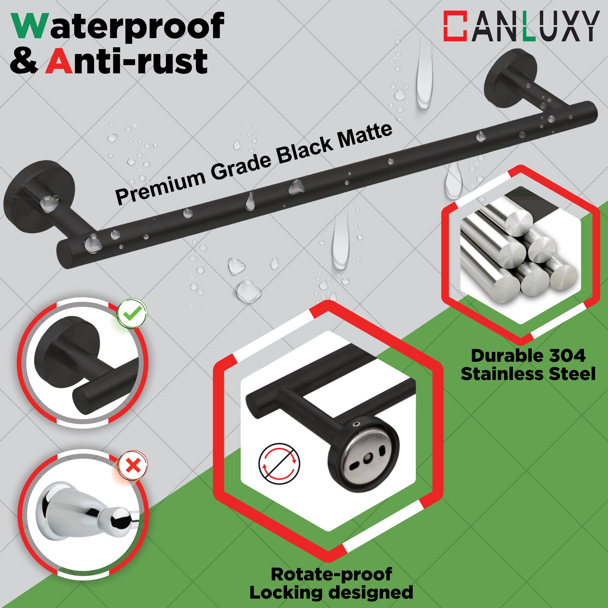 7-Piece Bathroom Hardware Set - Wall Mounted Towel Bar & Rack Set with Hooks - Matte Black Bathroom Accessories for Modern Home Decor - Perfect for Bathrooms, Powder Rooms & Spa Retreats