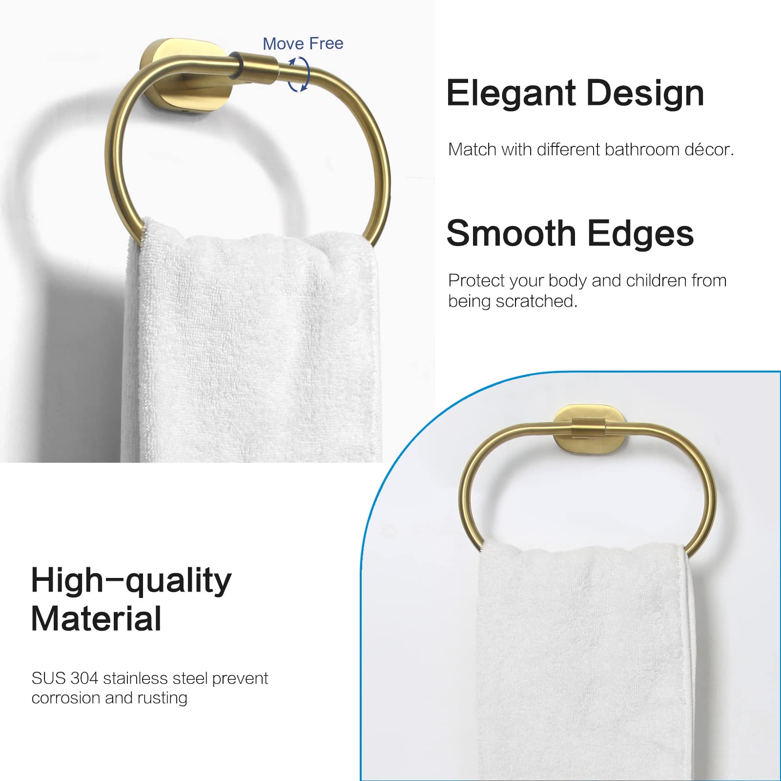 HouseAid Oval Towel Holder for Bathroom - Stainless Steel Towel Ring with Brushed Gold Finish - Modern Wall Mounted Hand Towel Rack - Perfect for Bathrooms, Kitchens & Guest Rooms