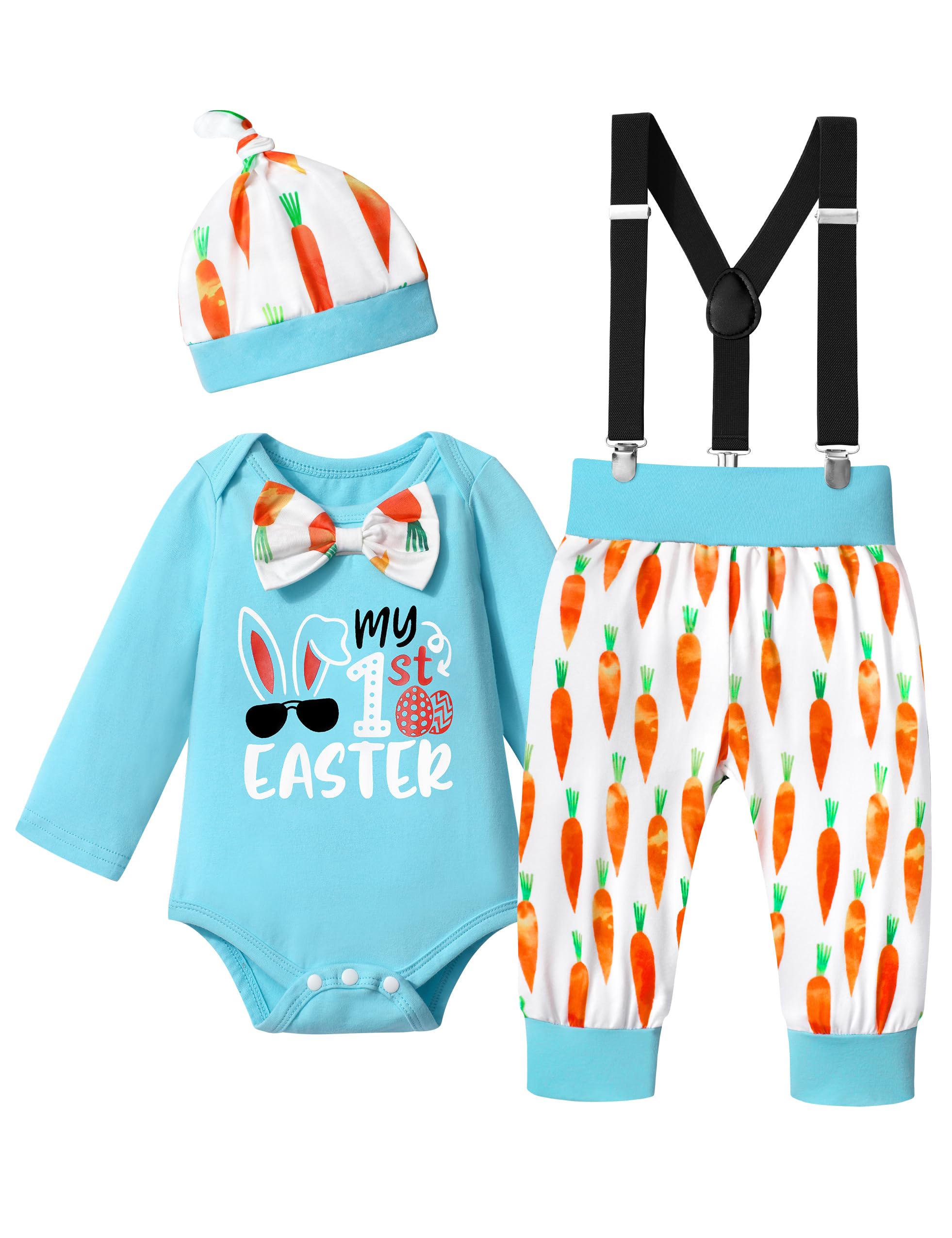 Easter Outfit for Baby Boys - 3Pcs Carrot Print Romper with Suspenders & Hat | Adorable Easter Baby Clothes for Boys | Perfect for Easter Photos, Church, and Family Gatherings