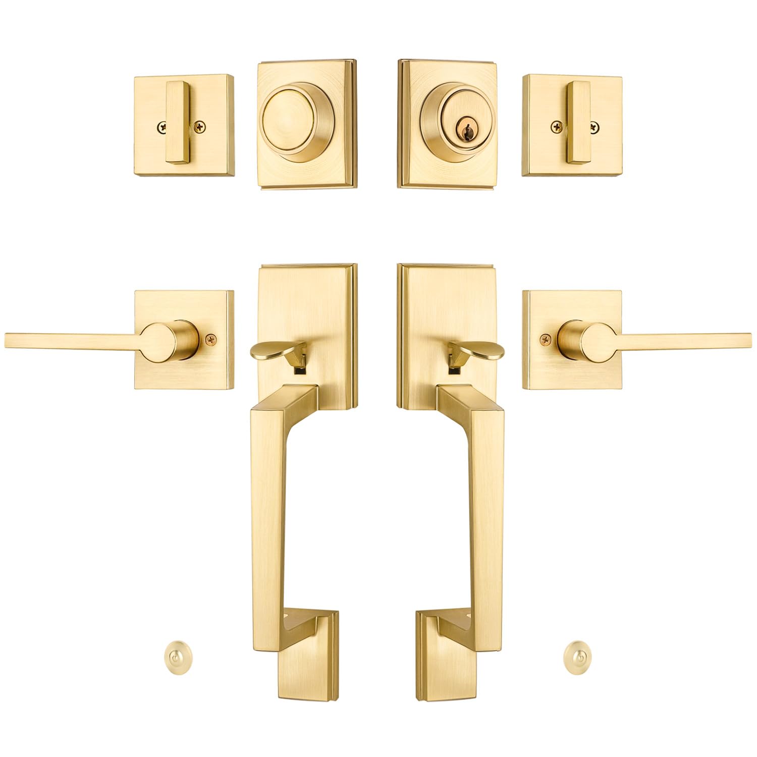 EHOMEWARE Satin Brass Square Door Lever Set - 1 Pack Exterior Door Knob & Deadbolt Combo, Heavy Duty Front/Back/Office Door Lock Handle - Perfect for Home, Business & Security Upgrade