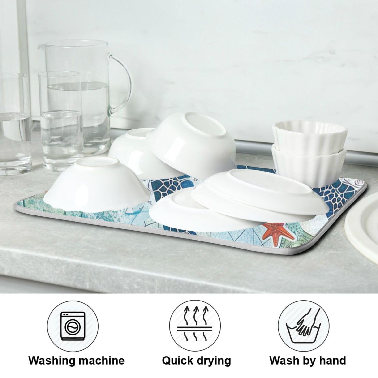 Ocean Sea Turtle Dish Drying Mat - 16x18in Absorbent Microfiber for Kitchen Counter - Fast Dry for Dishes & Utensils