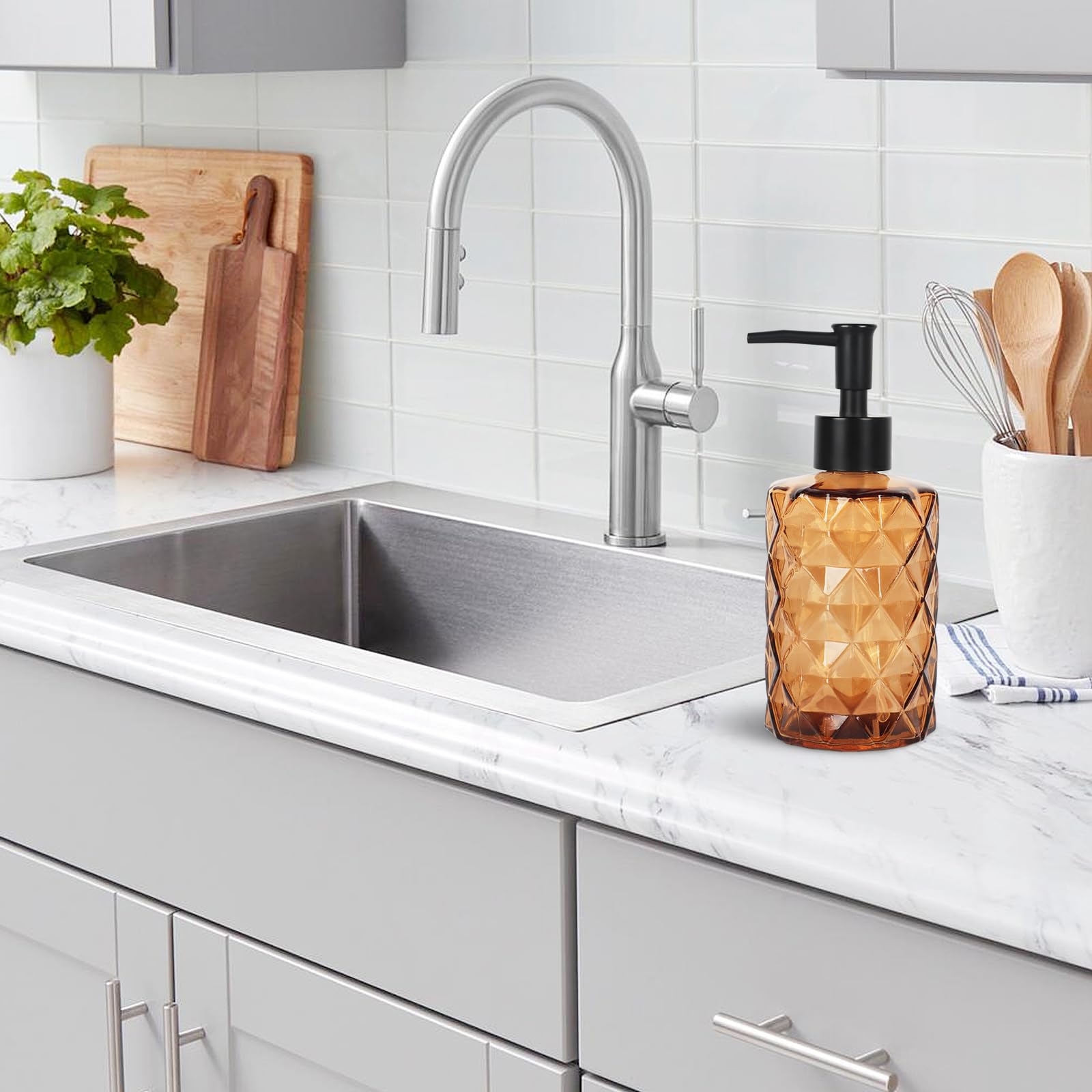 Premium Diamond-Cut Amber Glass Soap Dispenser with Pump - 12oz Refillable Hand & Dish Soap Dispenser for Bathroom, Kitchen Sink, Vanity - Elegant Home Decor & Gift Idea