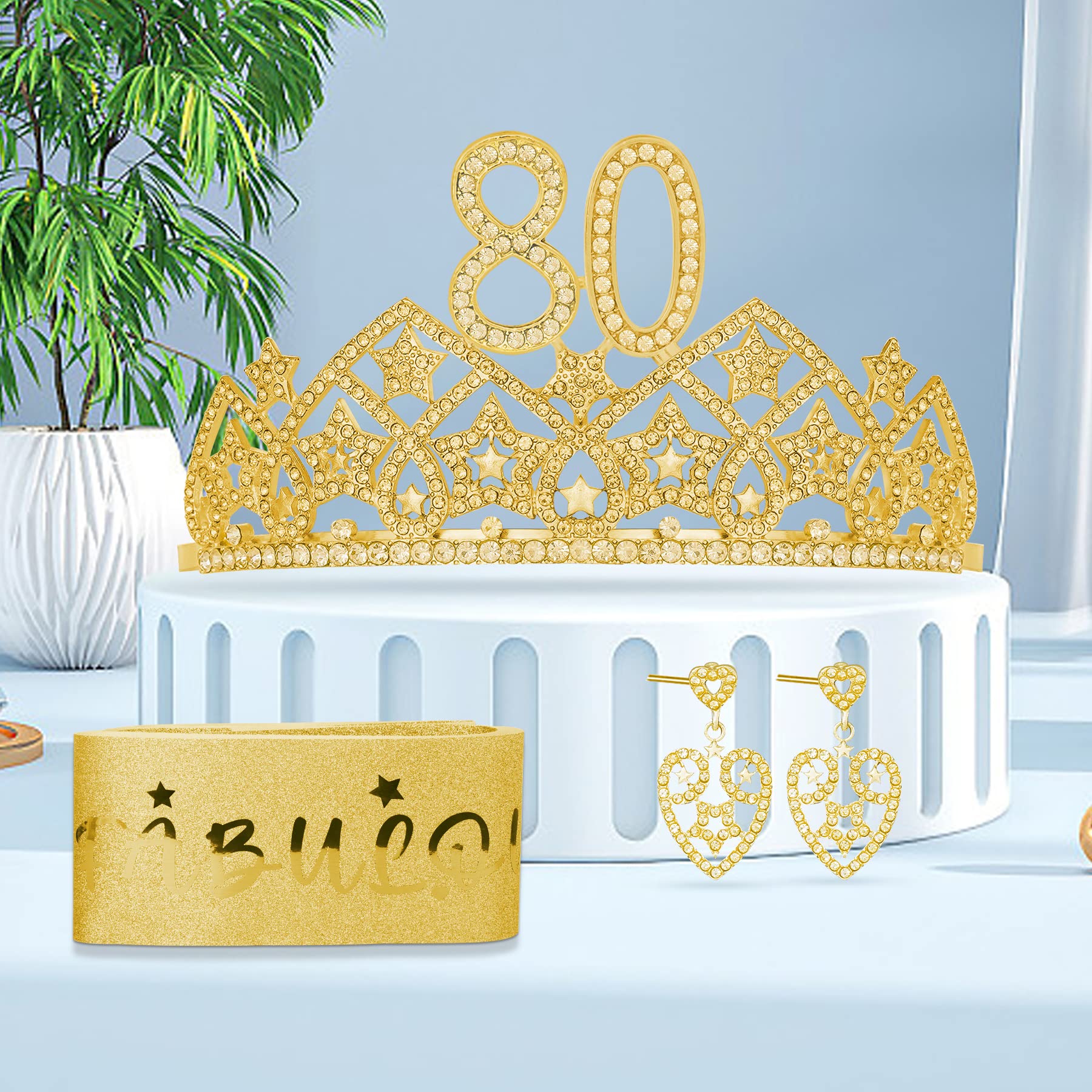 HnoonZ 80th Birthday Party Decorations Set for Women - 3 Piece Birthday Crown, Sash & Earrings - Elegant 80th Birthday Party Supplies for Women - Perfect for Milestone Celebrations, Birthday Parties & Photo Shoots
