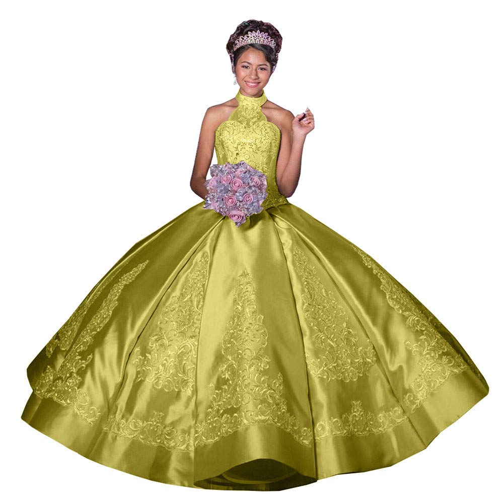 Elegant Women's Halter Appliqued Quinceanera Dress - Satin Beading Crystal Pageant Gown for Prom, Sweet 16, Wedding & Special Occasions