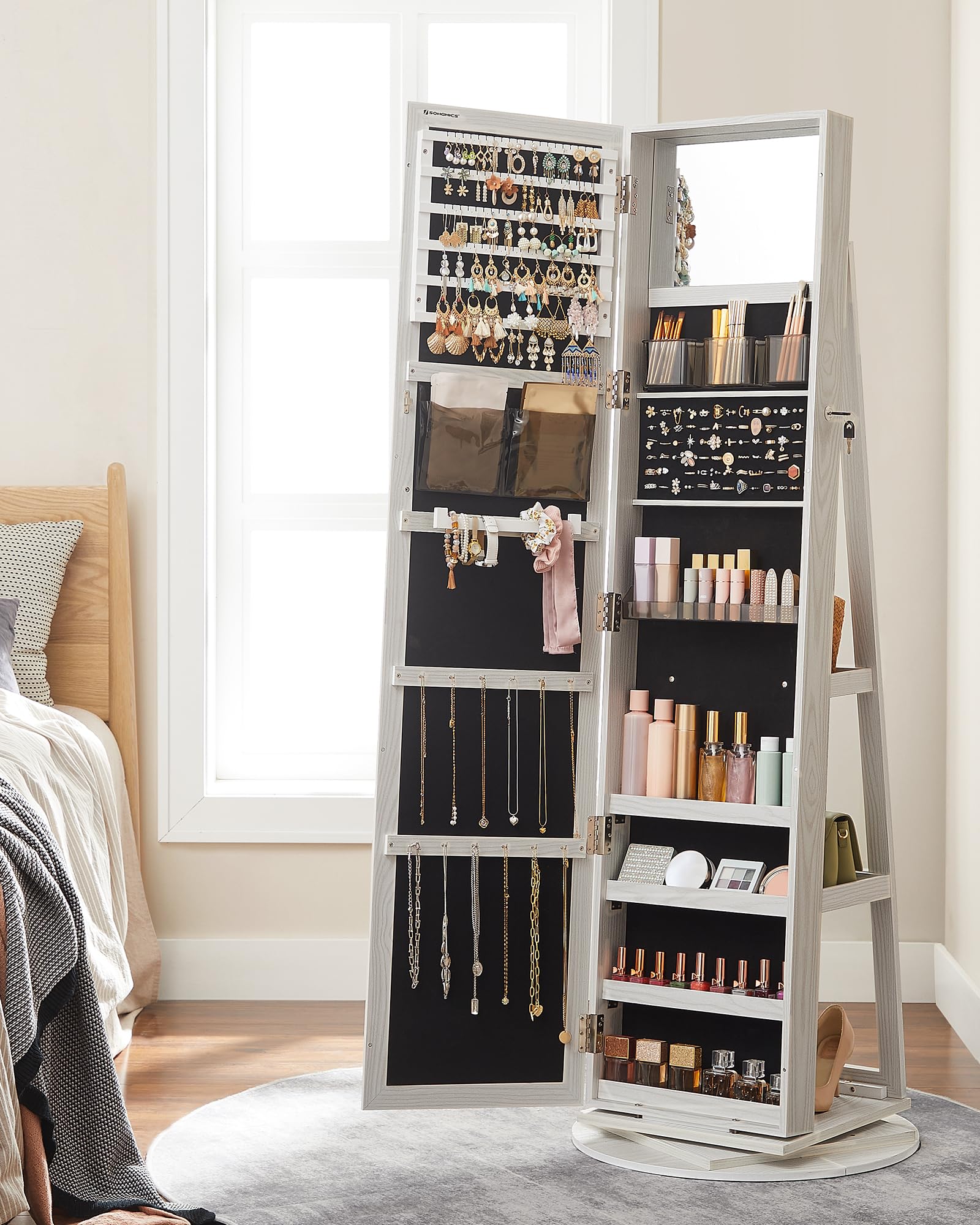 SONGMICS 360° Swivel Jewelry Cabinet with Full-Length Mirror - Lockable Jewelry Organizer with Interior Mirror & Storage Shelves - Jewelry Armoire for Necklaces, Rings & Accessories - Perfect Gift Idea for Women - White & Gray Wood Grain UJJC006W01 - Ideal for Bedroom, Closet & Dressing Room Organization