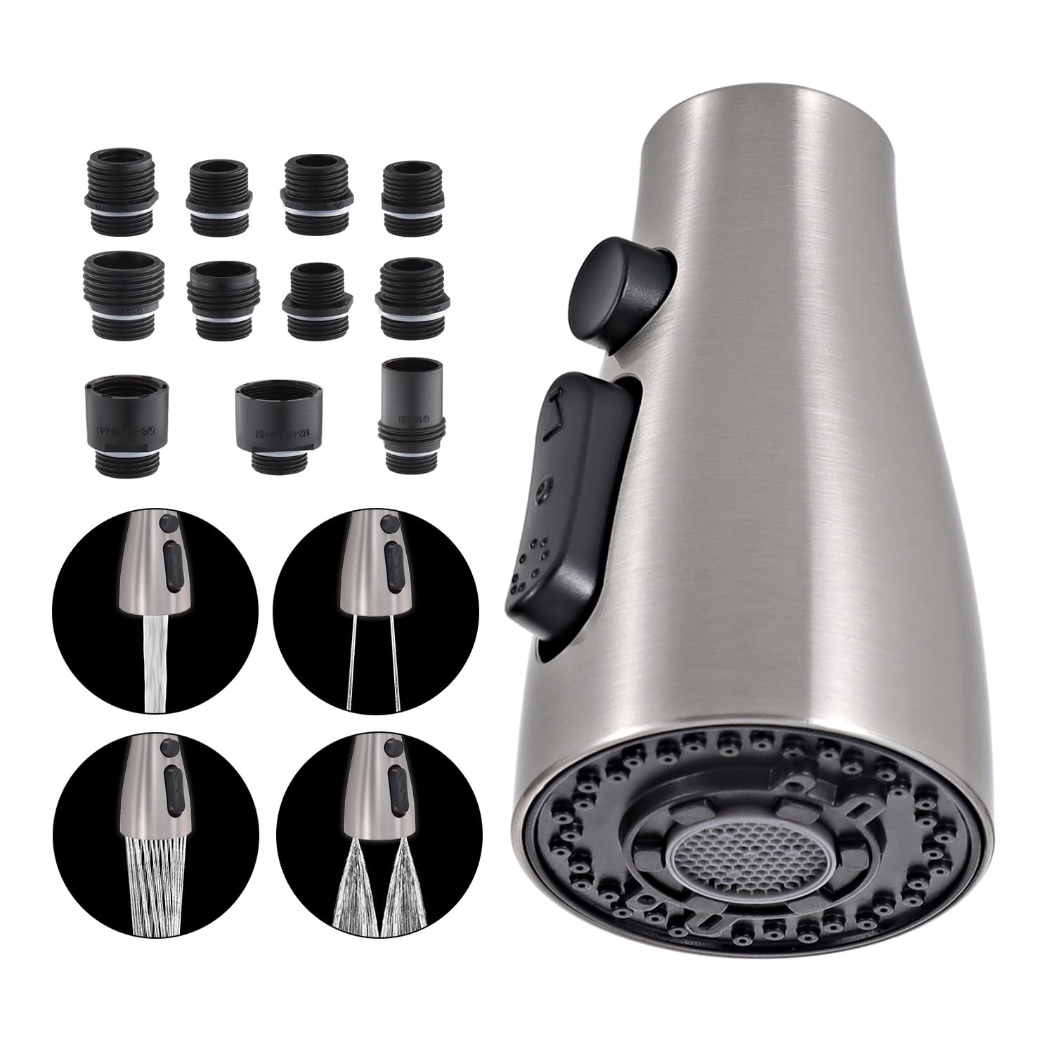 4 Function Kitchen Sink Faucet Replacement Nozzle with 11 Adapters - Durable, Efficient, Easy to Install, Nickel Finish for Multiple Faucets - Perfect for Home Kitchen Upgrades and Repairs