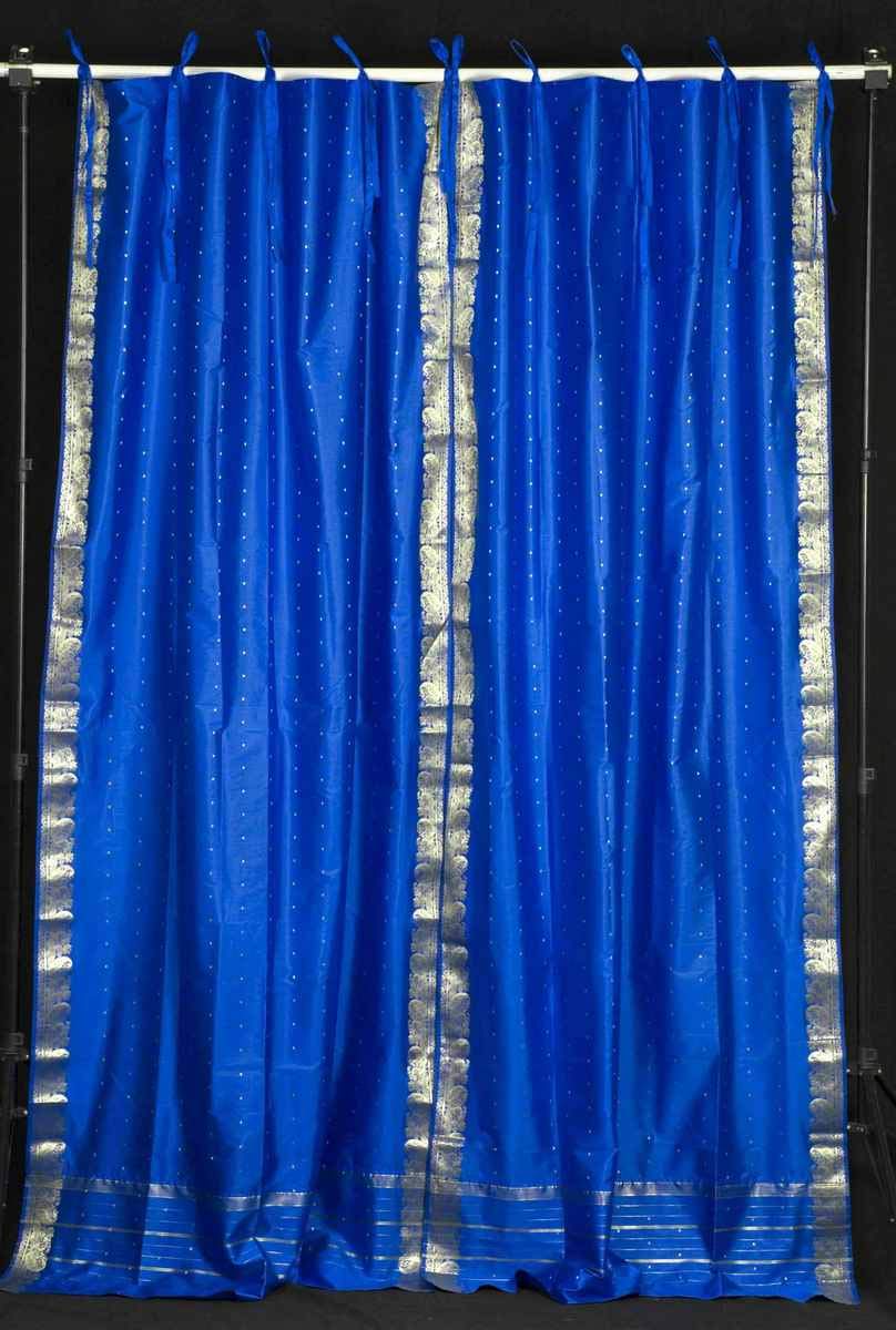 Indian Selections Lined-Island Blue Tie Top Sheer Sari Cafe Curtain Drape Panel - 43W x 24L - Pair of 2 - Elegant Window Treatment for Kitchen, Dining Room & Bathroom Decor