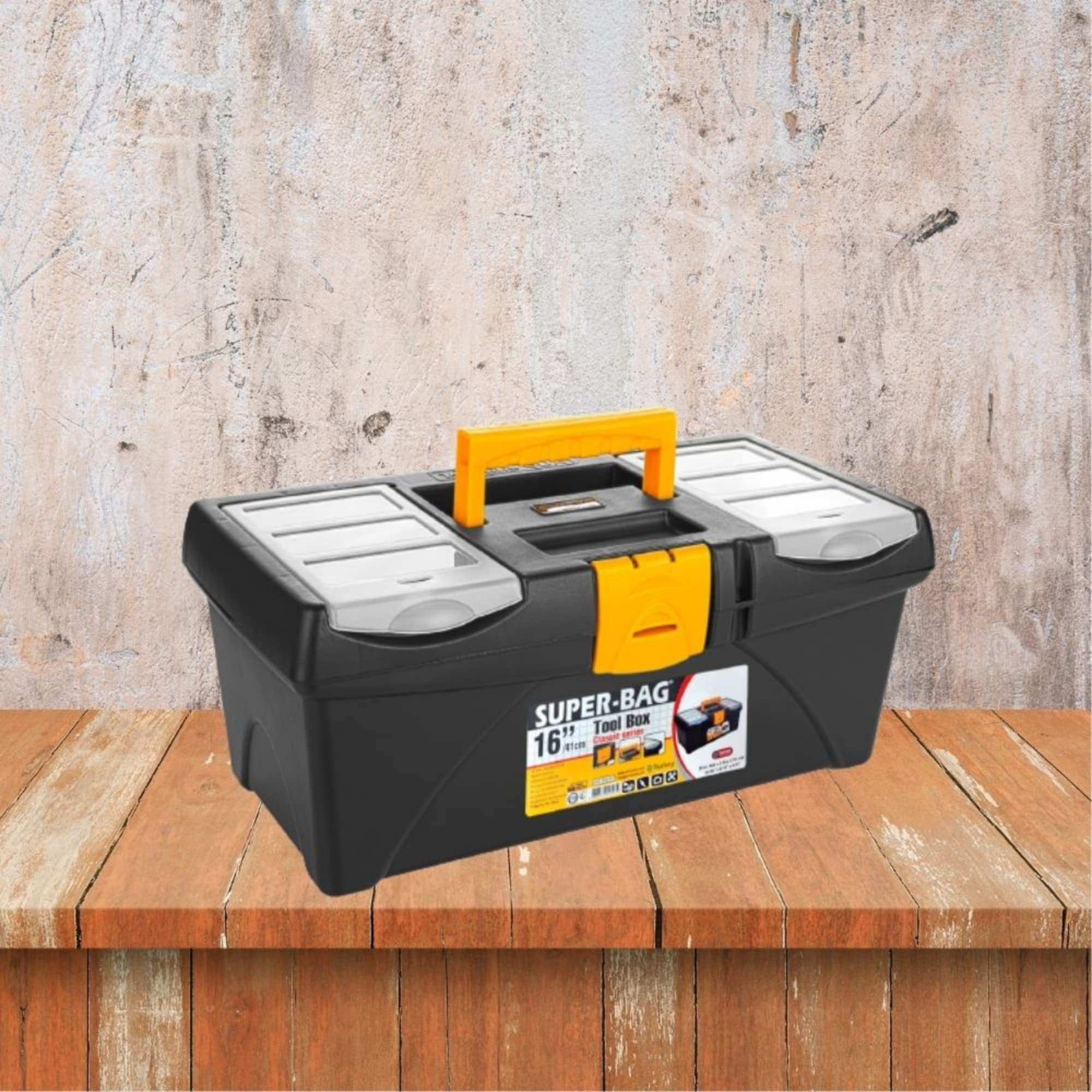 VHD 16-Inch Yellow Plastic Tool Box with Removable Tray - 2-Piece Heavy Duty Storage Organizer for Tools, Crafts & DIY Projects | Garage, Workshop & Home Use
