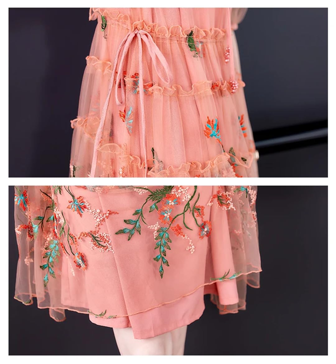 Floral Embroidery Mesh Ruffled Collar Midi Dress for Women - Summer Hollow Out Sexy Korean Style Elegant Dress for Date Night, Wedding Guest & Vacation Outfits