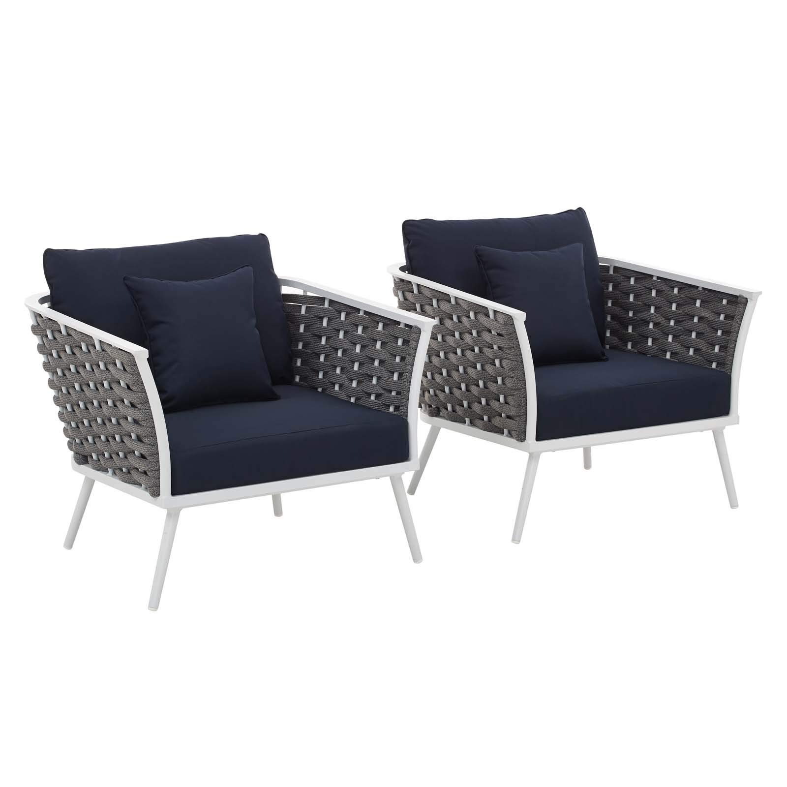 Modern Outdoor Patio Lounge Chair Set of Two - Navy Blue & White Aluminum Fabric Armchairs for Garden, Poolside, or Balcony Relaxation