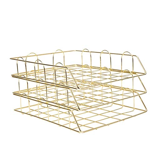 JIAli 3-Tier Stackable Metal Desktop File Organizer - Horizontal Letter Tray, Paper Holder & Document Rack in Yellow Gold - Perfect for Office, Home & School Organization