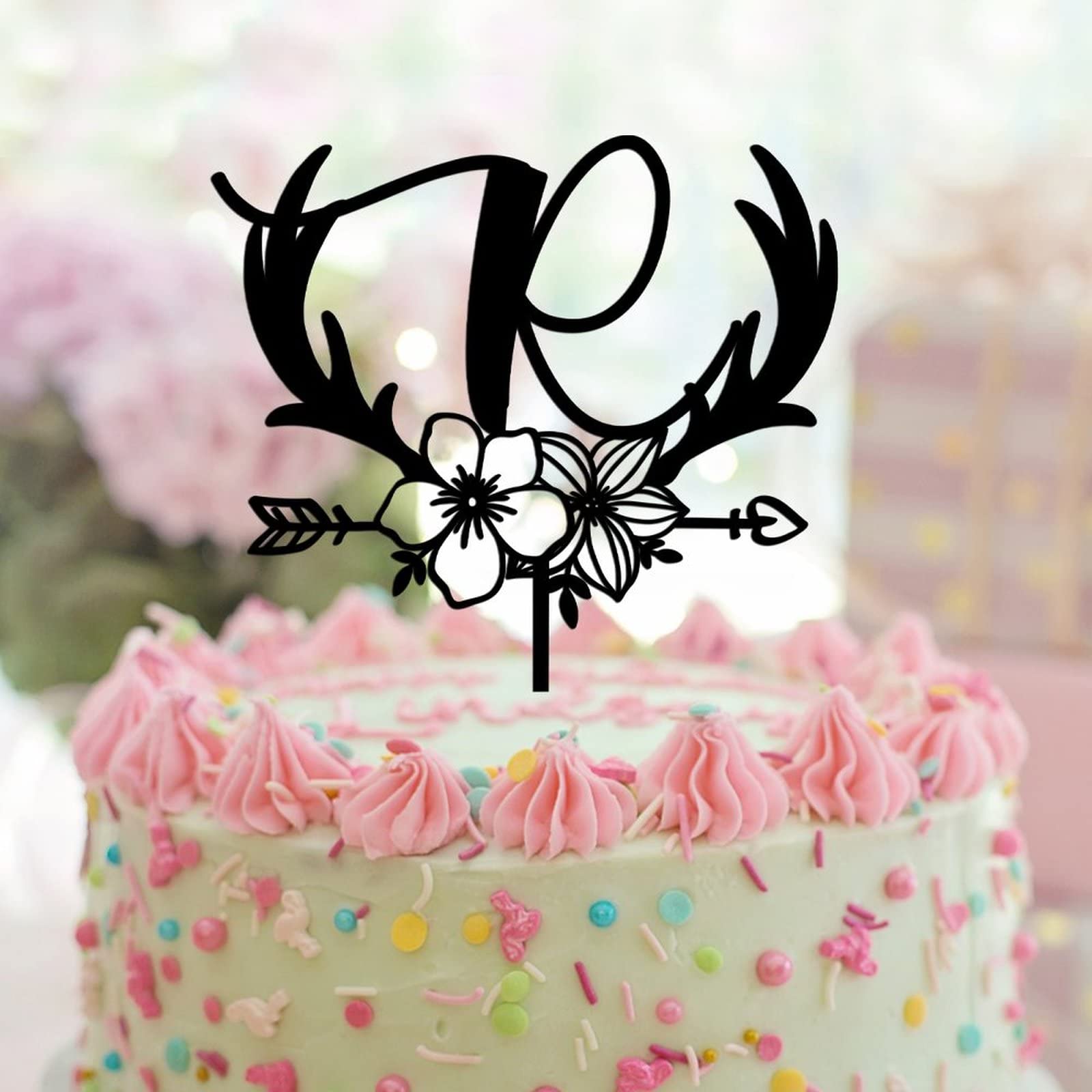 Acrylic Black Letter R Cake Topper - Floral Wreath Initial Name Decor for Birthday Party Supplies | Reusable Romantic Gift for Men & Women | Perfect for Wedding Anniversaries, Baby Showers & Special Celebrations