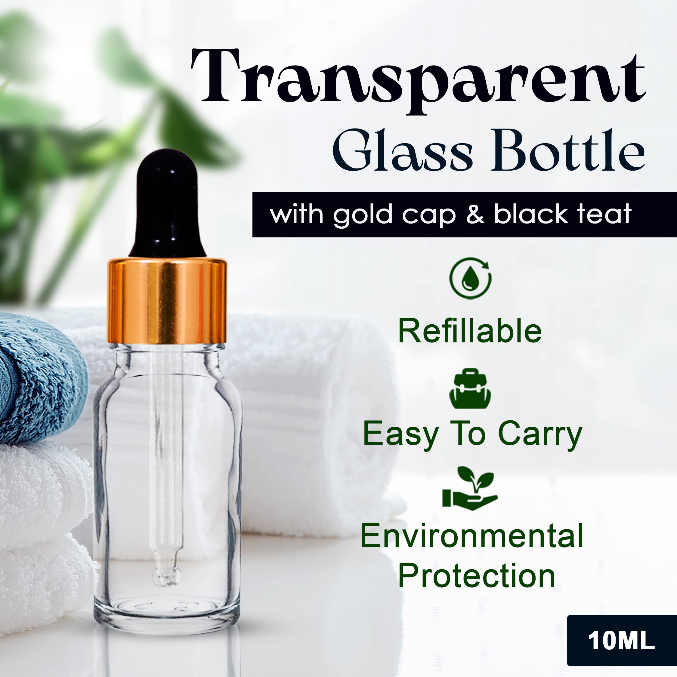 NSB Herbals 10ml Clear Round Empty Glass Bottle with Glass Dropper, Gold Ring & Black Silicone Teat - 6 Pack | Leakproof, Refillable for Essential Oils, Perfumes, DIY Beauty & Aromatherapy