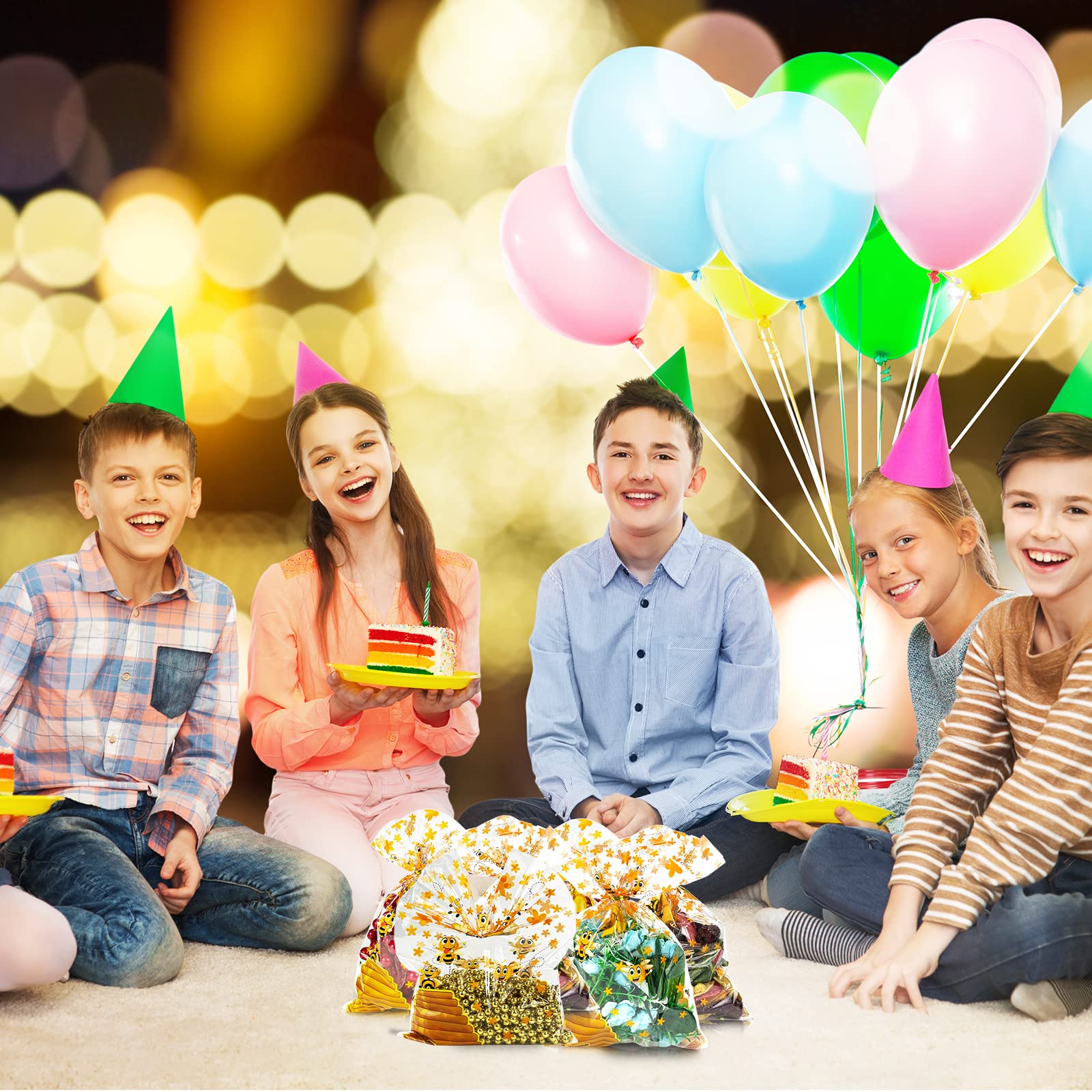 Bnsikun 100 Pcs Yellow Bee-Themed Cellophane Gift Bags - Perfect for Baby Showers, Birthday Parties & Candy Treats | Reusable Plastic Goodie Bags for Bee Theme Party Supplies & Favor Packaging