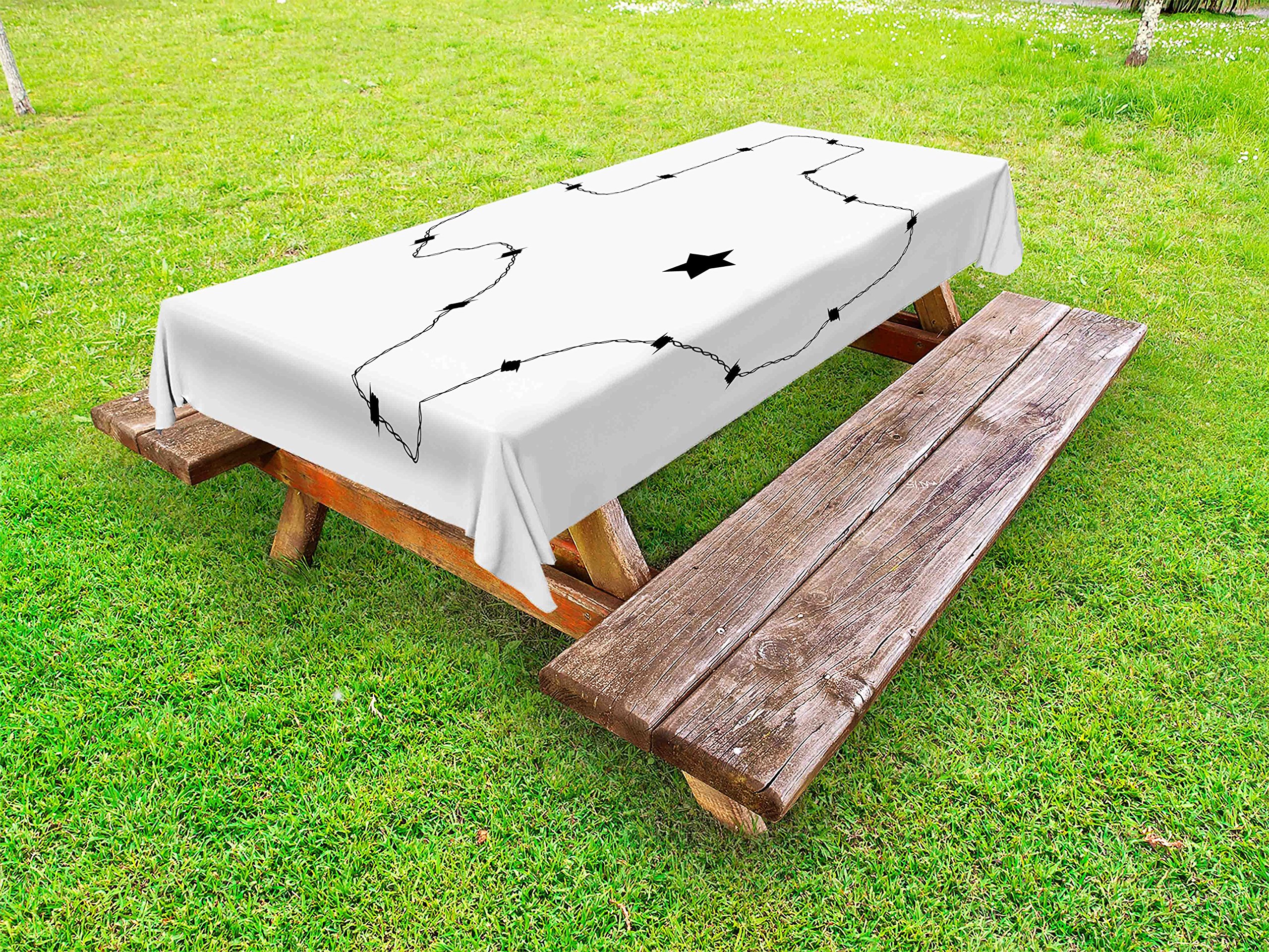 Ambesonne Texas Star Outdoor Tablecloth - USA State Map Design with Barbed Wire Pattern, Black and White Monochrome Border, Washable Picnic Table Cover 58x84 inches - Perfect for Backyard BBQs, Camping & Patriotic Decorations