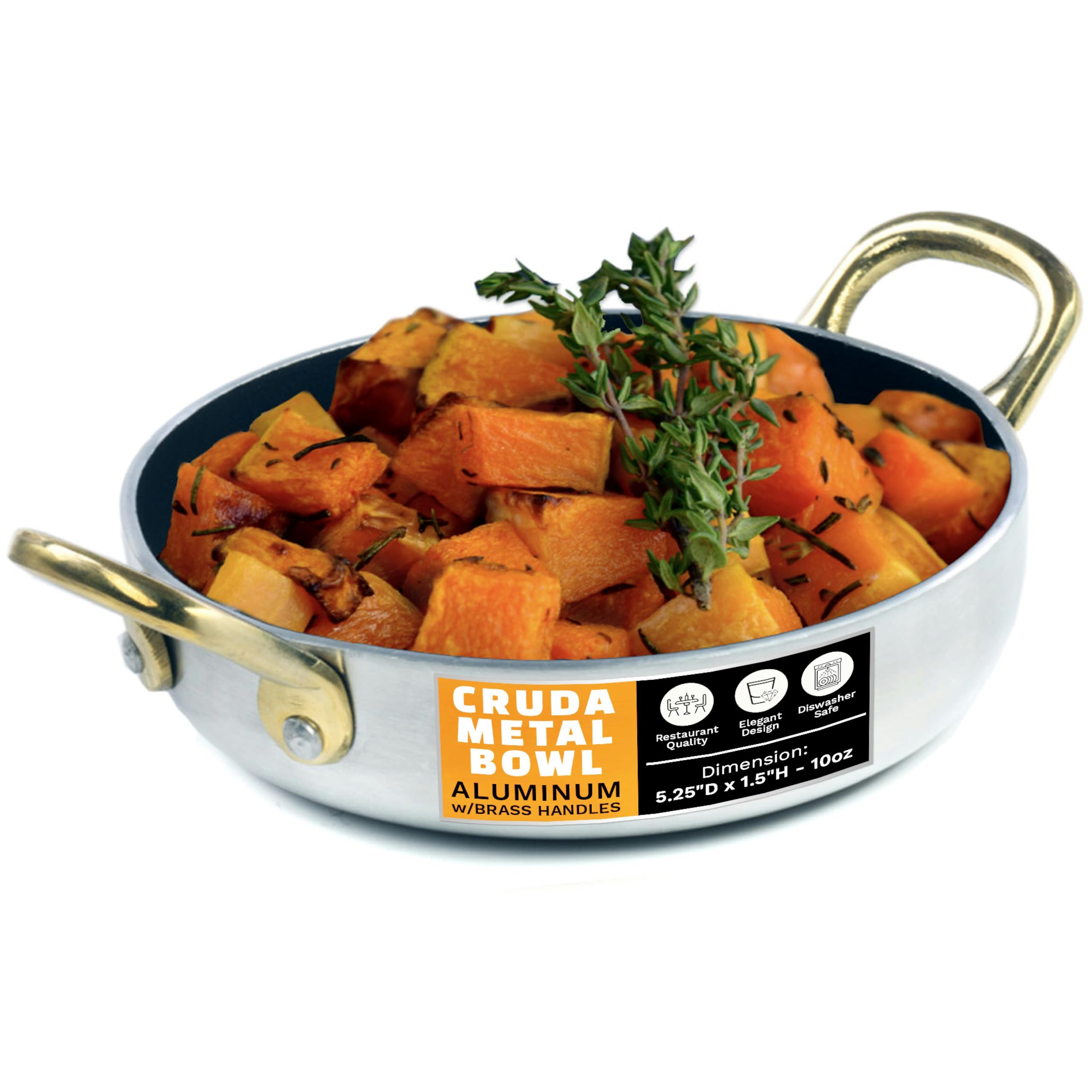 IMPULSE! 10oz Cruda Metal Bowl with Brass Handles - Aluminum Nonstick Serving Dish for Sweet Potatoes, Pasta & Mashed Potatoes | Dishwasher Safe Copper-Colored Punch Bowl - Perfect for Holiday Dinners, Party Appetizers & Kitchen Storage