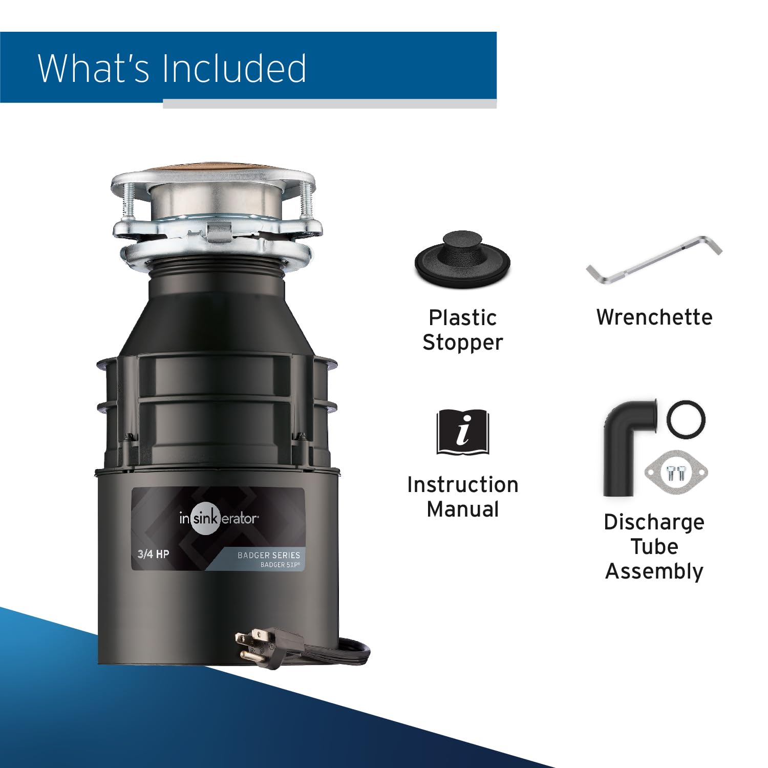 InSinkErator Badger 5XP 3/4 HP Continuous Feed Garbage Disposal with Power Cord - Standard Series Food Waste Disposer for Kitchen Sink (Ideal for Home Use & Easy Food Scrap Disposal)