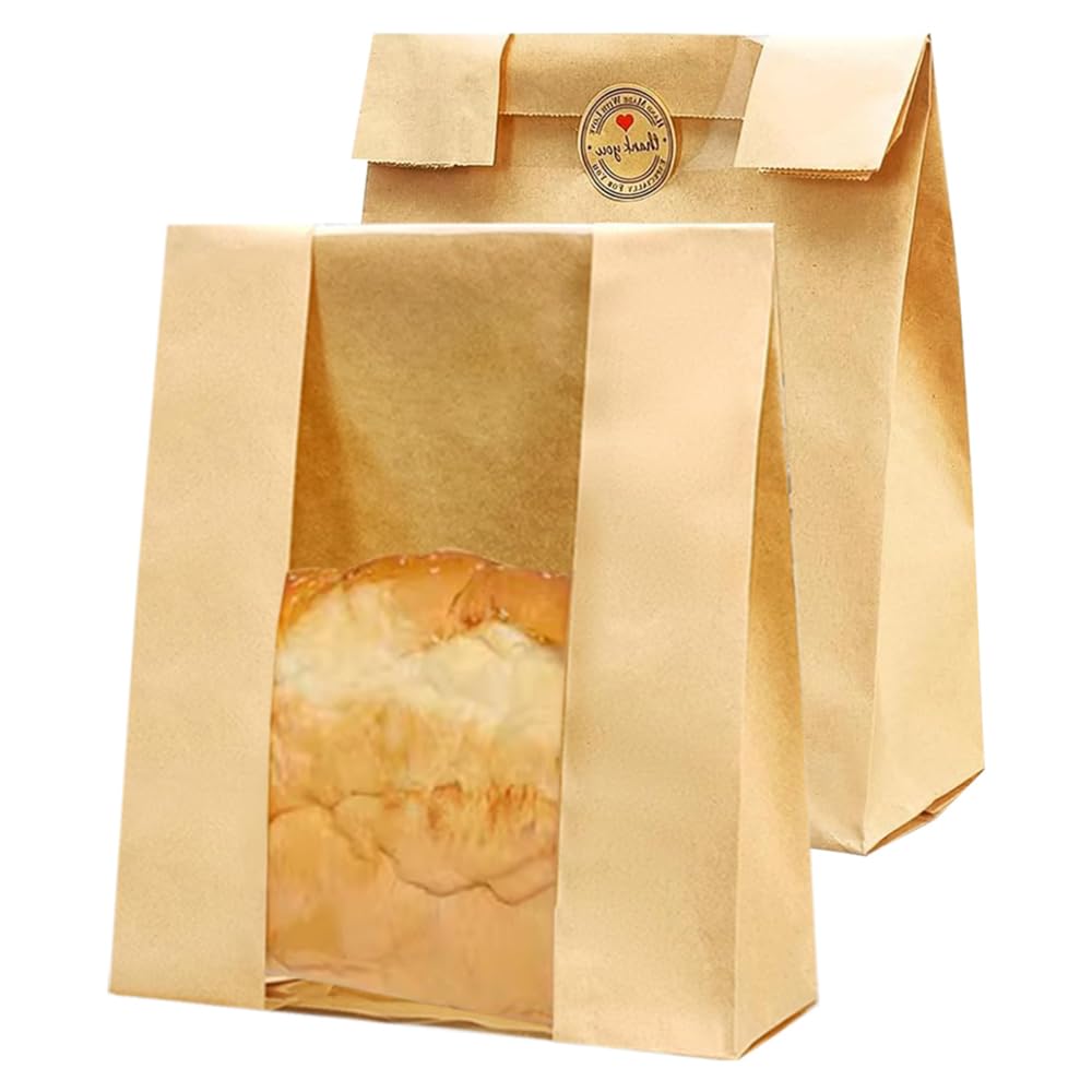 50 Pack Sourdough Bread Bags with Clear Window & Sealing Stickers - 13.7x8.2x3.5 inch Reusable Bread Storage Bags for Homemade Bread, Bakery, Gifts & Farmers Market - Eco-Friendly Food Packaging