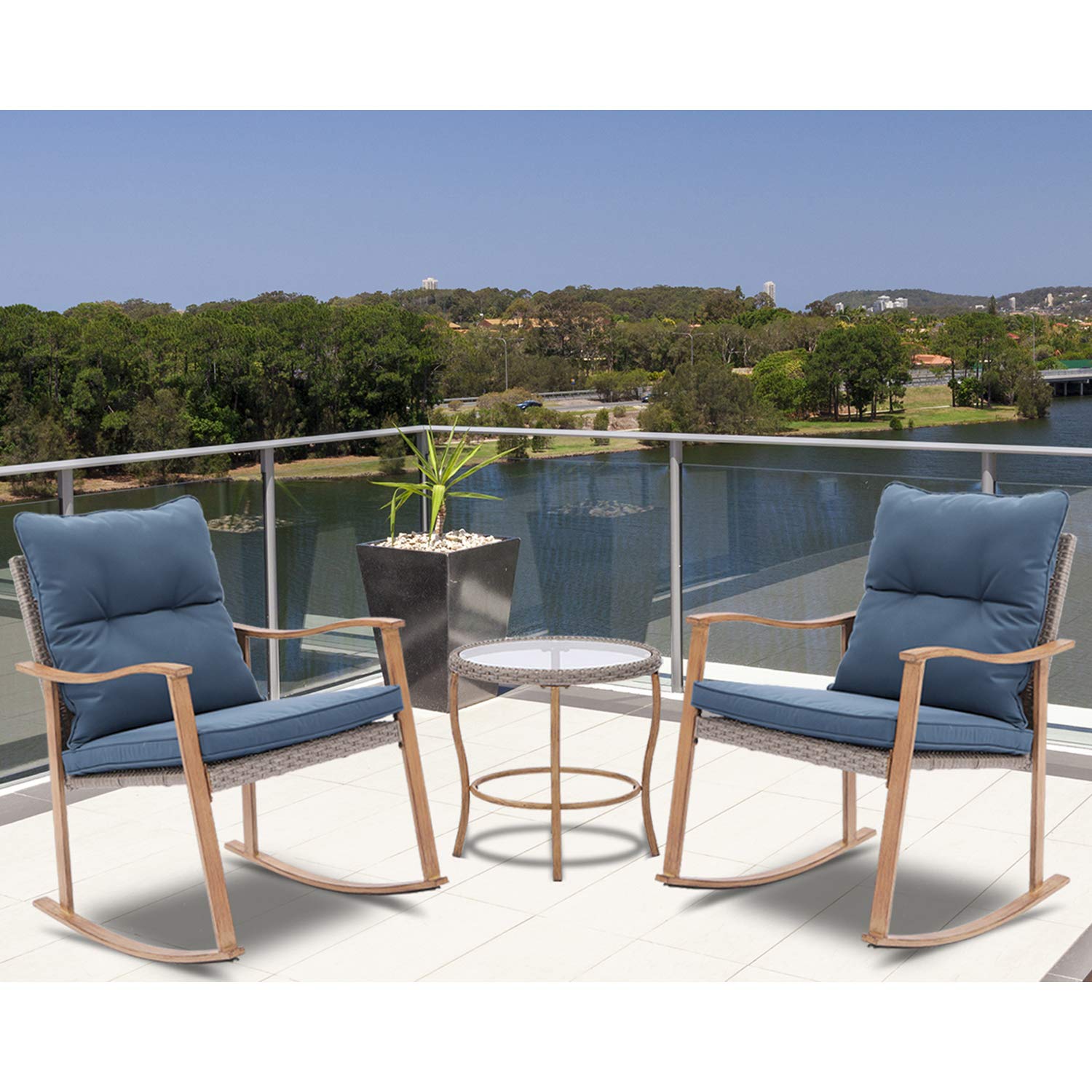 AQUILLA 3-Piece Outdoor Patio Rocking Set with Metal Frame & Tempered Glass Table - Blue Cushioned Bistro Set for Porch, Garden, Backyard - Perfect for Relaxing, Entertaining & Outdoor Dining